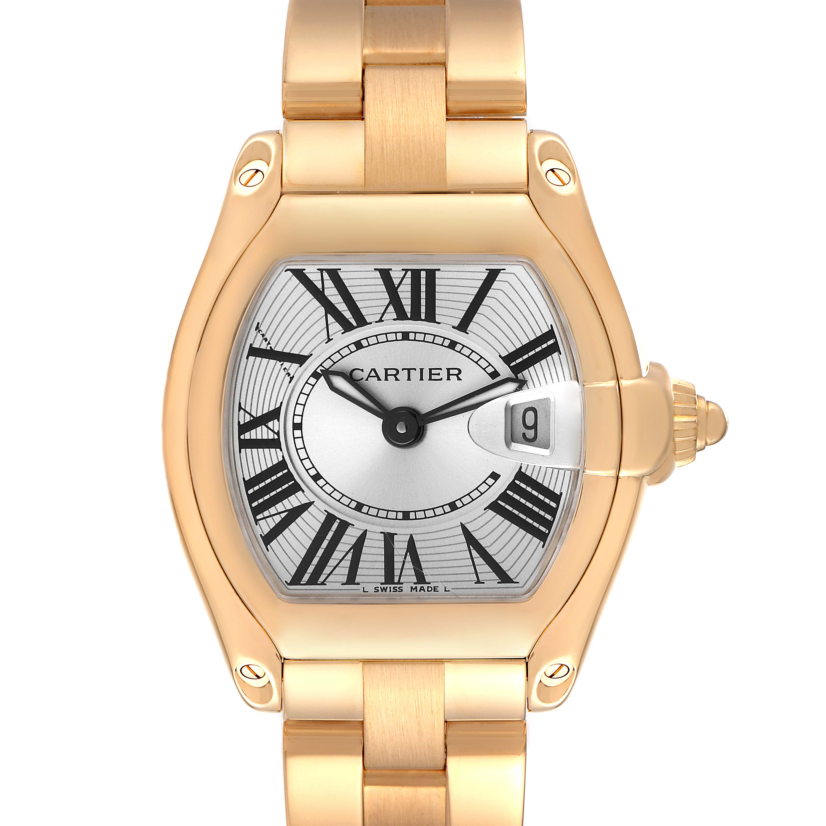 This image shows the face and upper bracelet of a Cartier Roadster W62018V1 Women
s Yellow Gold Silver Dial W62018V1 Women
s Yellow Gold Silver Dial watch, viewed from a straight, front-facing angle.