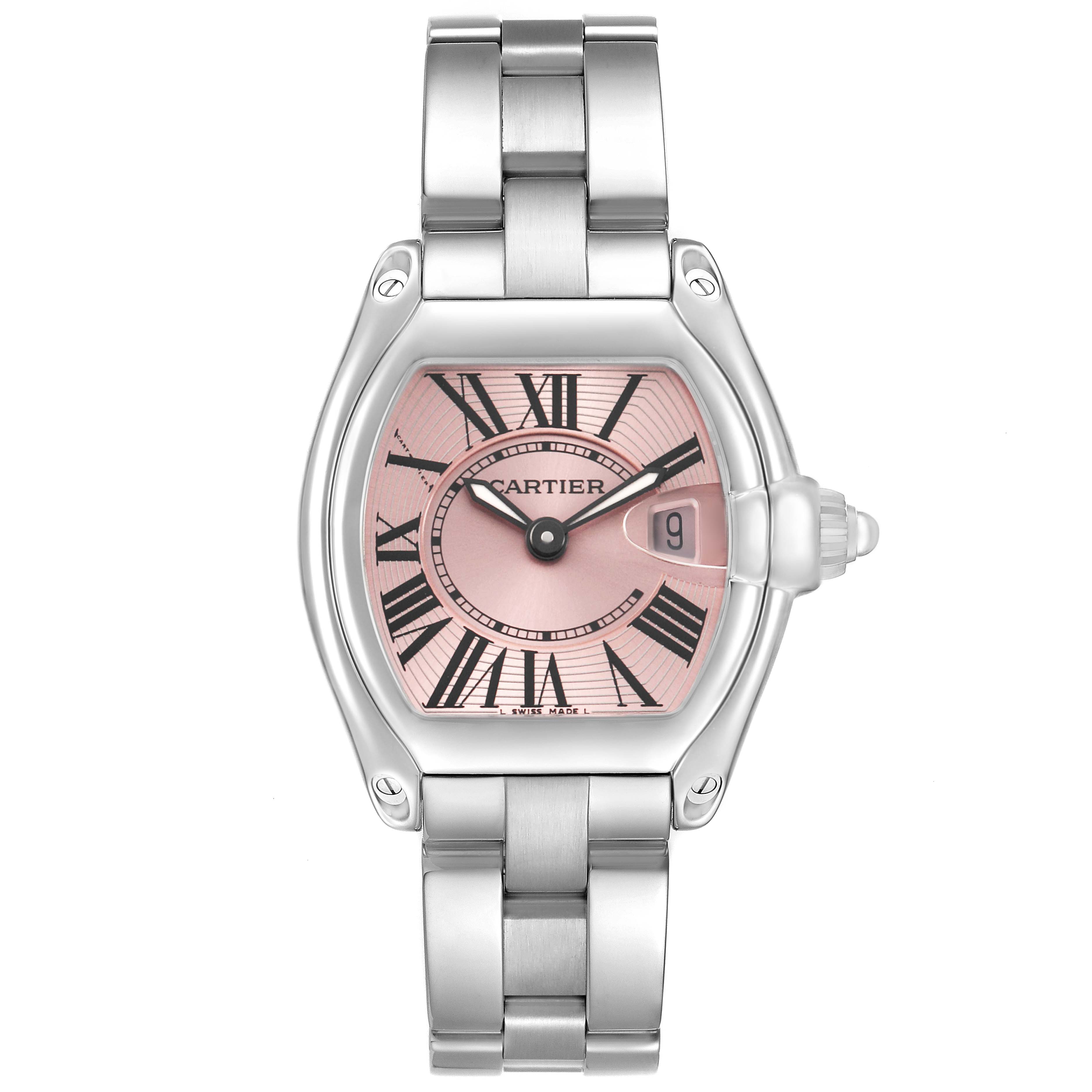 This Cartier Ballon Bleu W62017V3 Women's Stainless Steel Pink Dial model is shown from a front angle, featuring the dial, case, bracelet, and crown with a date window.