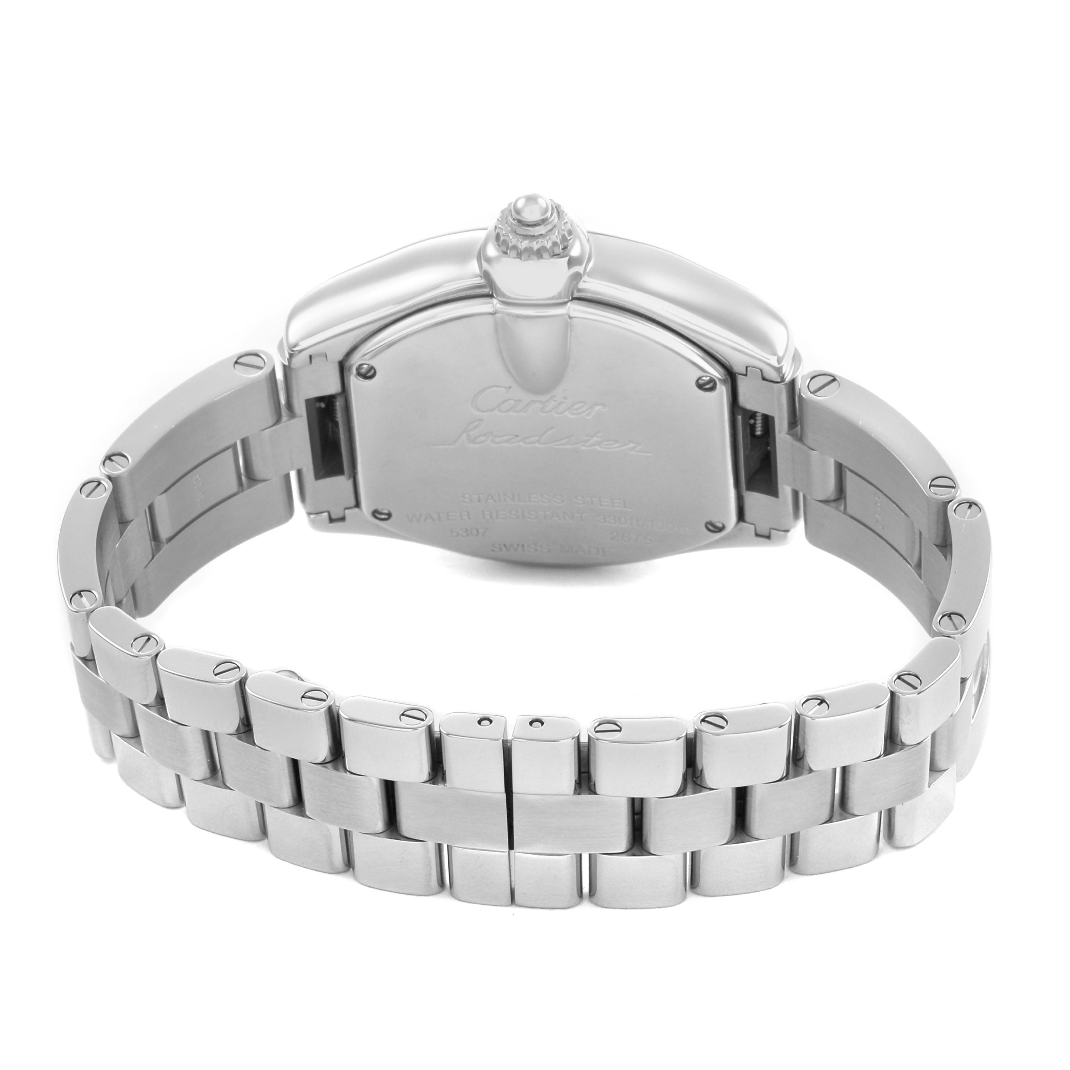 The image shows the back and bracelet of a Cartier Ballon Bleu W62017V3 Women's Stainless Steel Pink Dial watch at an angle emphasizing its clasp and case back.