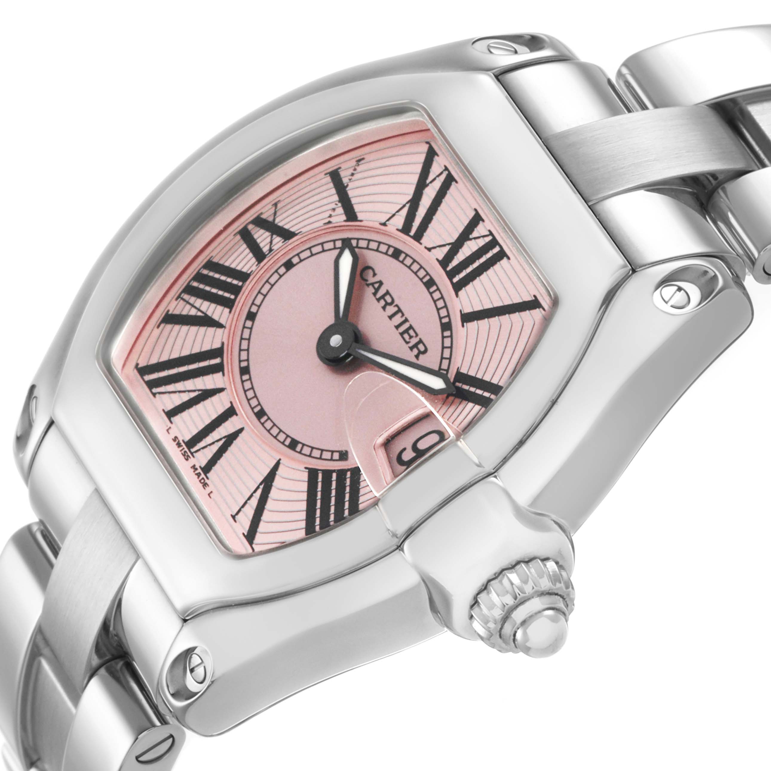 The image shows a tilted view of a Cartier watch, focusing on the dial, case, and part of the bracelet, but it is not the Ballon Bleu model.