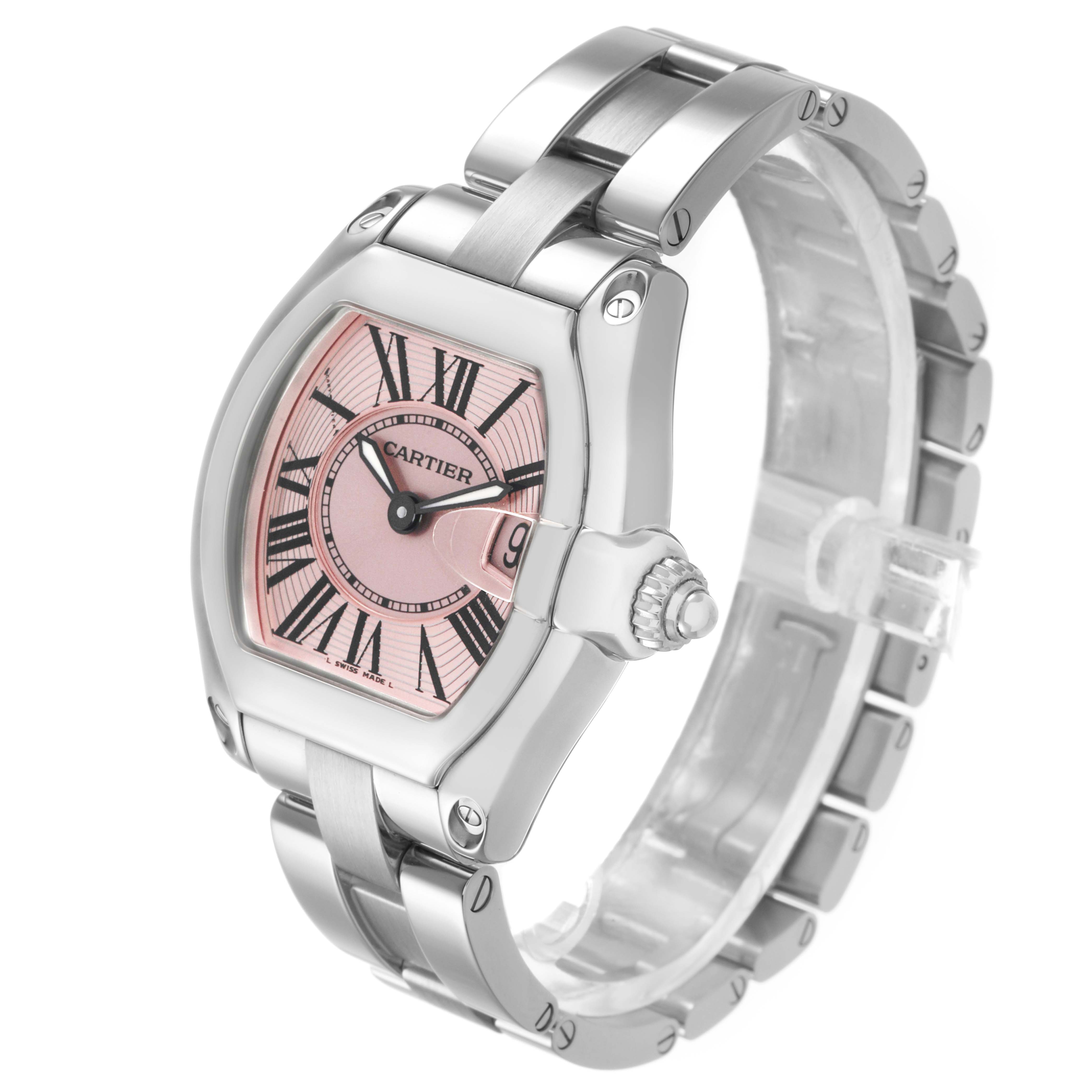 The image shows a Cartier watch from a three-quarter angle, highlighting the case, bracelet, crown, and dial.