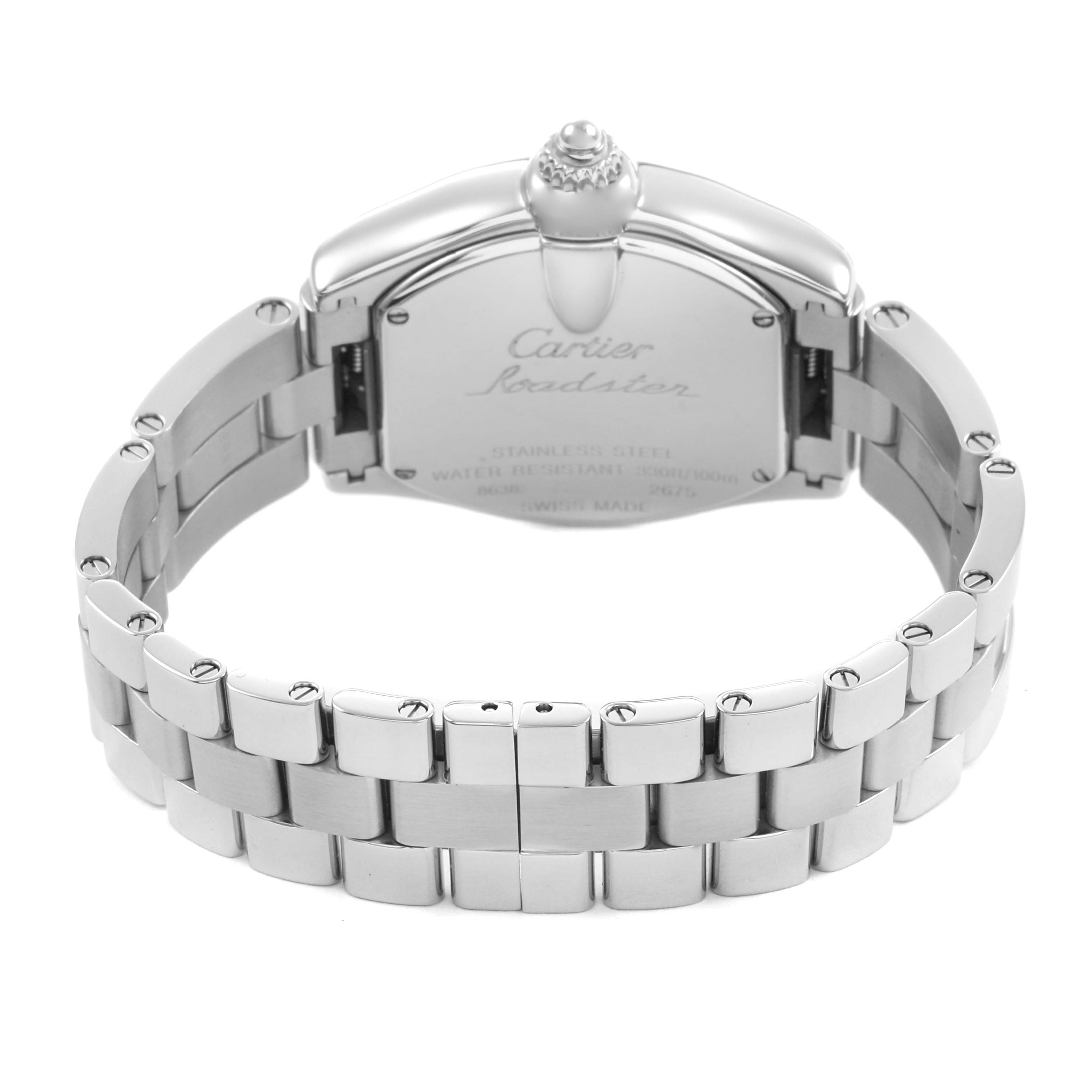 The Cartier Roadster W62016V3 Women's Stainless Steel Silver Dial watch is shown from the back, displaying the case back, crown, and stainless steel bracelet.