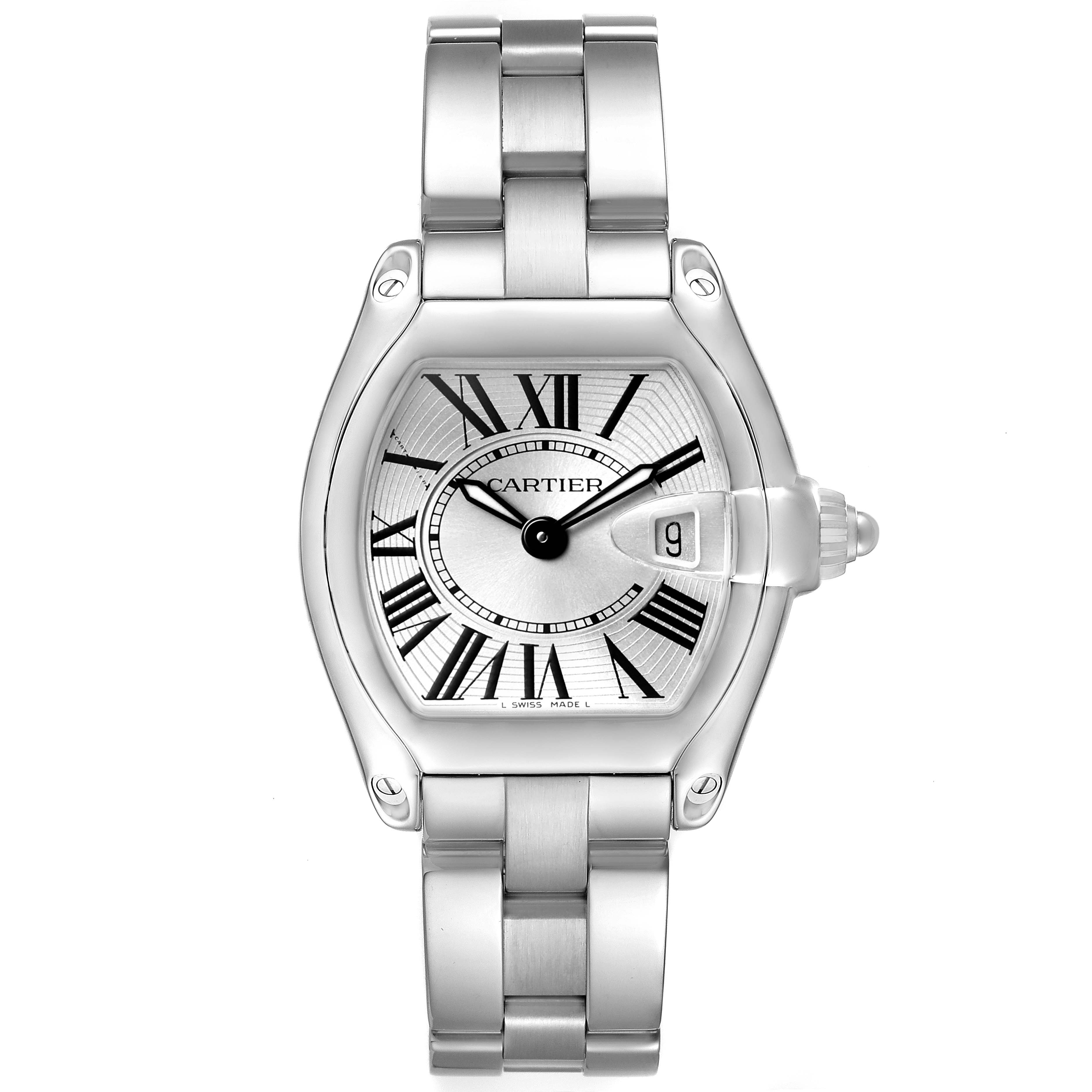 The Cartier Roadster W62016V3 Women's Stainless Steel Silver Dial watch is shown from a top view, displaying the face, Roman numerals, hands, and metal bracelet.