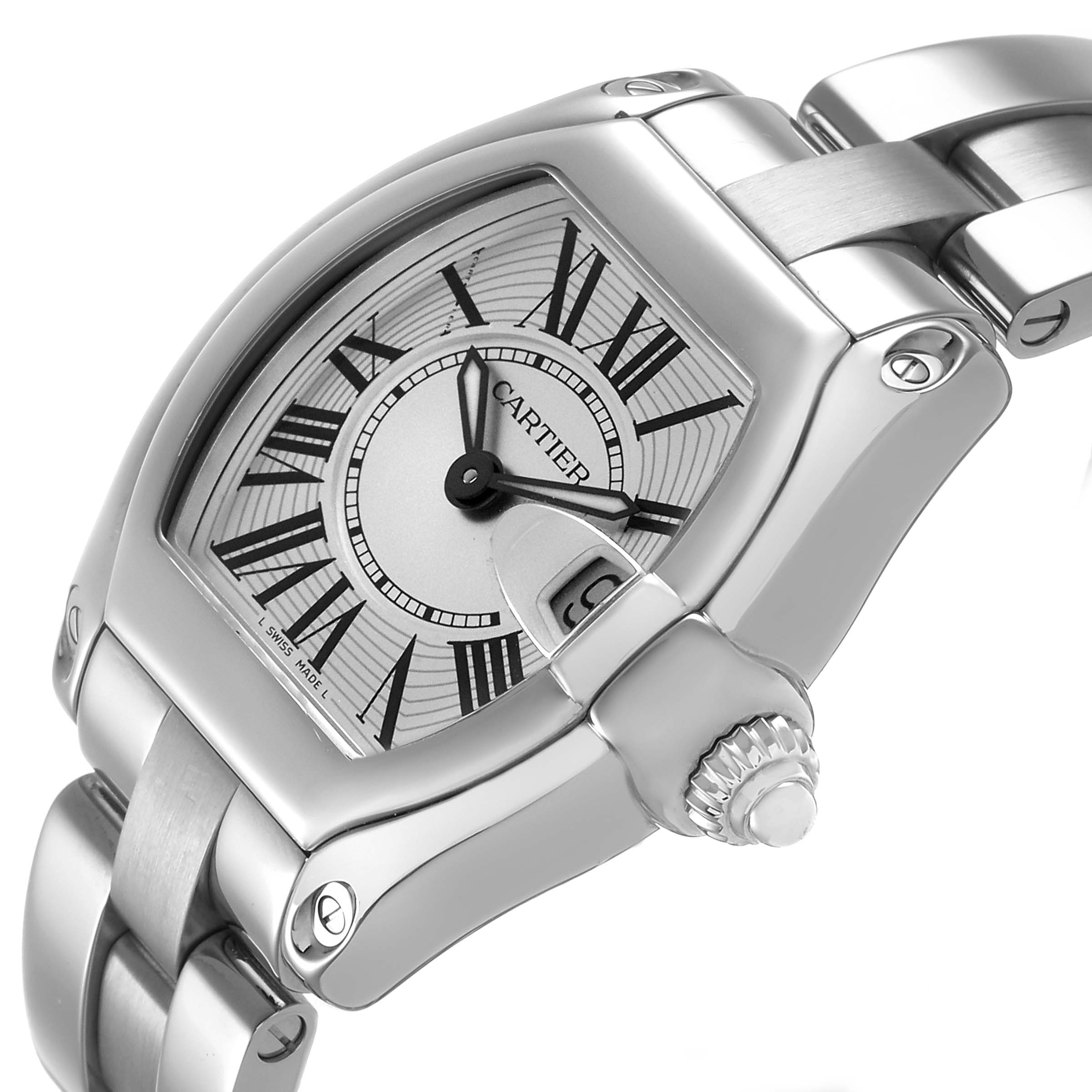 The Cartier Roadster W62016V3 Women's Stainless Steel Silver Dial watch is shown at an angle highlighting the dial, crown, and part of the bracelet.