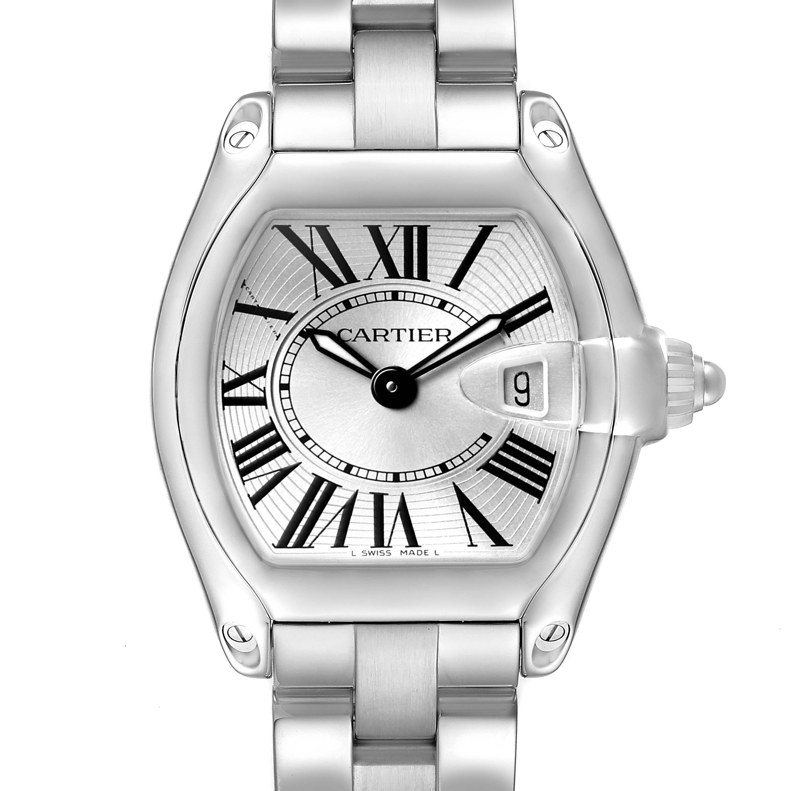 The Cartier Roadster W62016V3 Women's Stainless Steel Silver Dial watch is shown from the front, displaying the dial, Roman numerals, and metal bracelet.