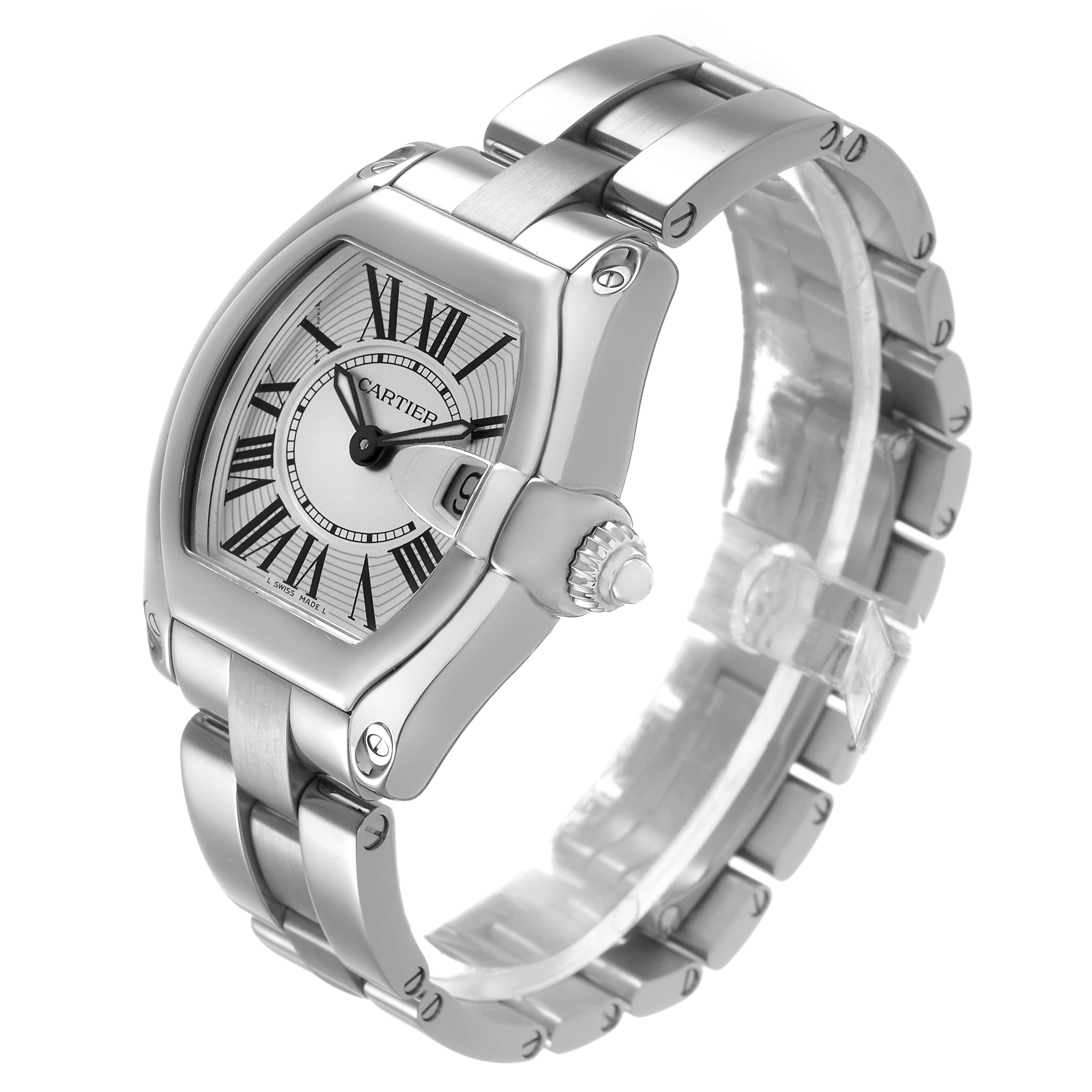 The Cartier Roadster W62016V3 Women's Stainless Steel Silver Dial watch is shown at an angle revealing the face, case, crown, and bracelet.