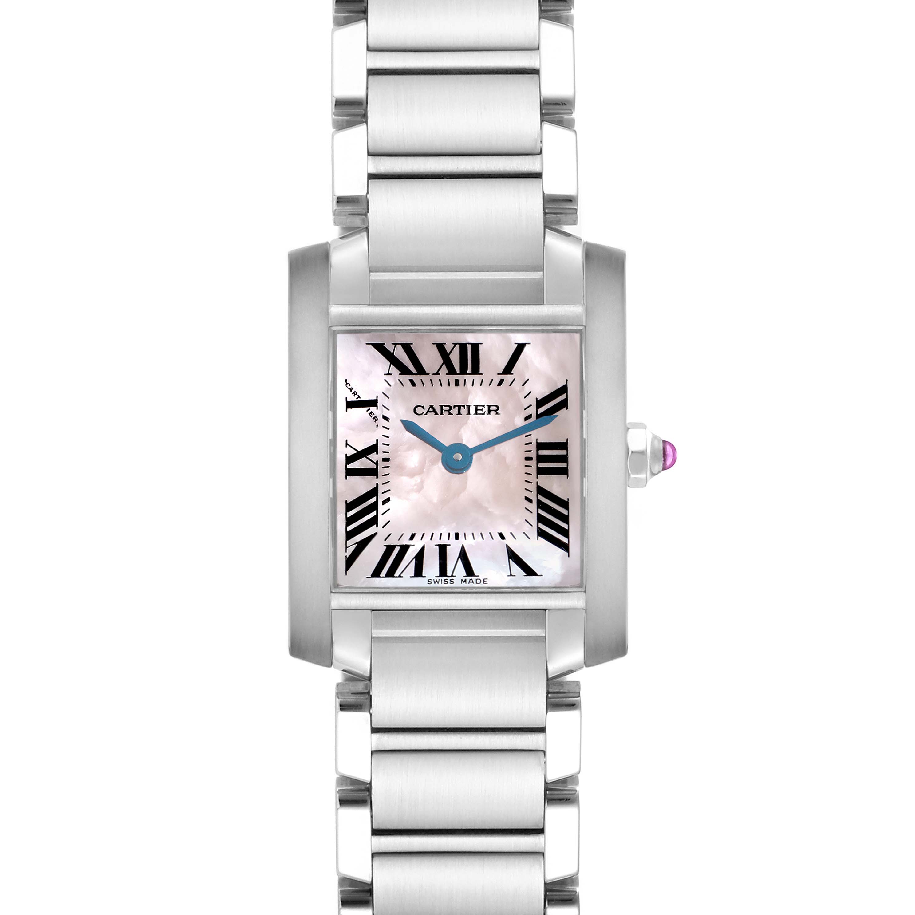The image shows a front view of the Cartier Tank Francaise W51028Q3 Women
s Stainless Steel Mother of Pearl Dial W51028Q3 Women
s Stainless Steel Mother of Pearl Dial watch, highlighting the face, bracelet, and winder.