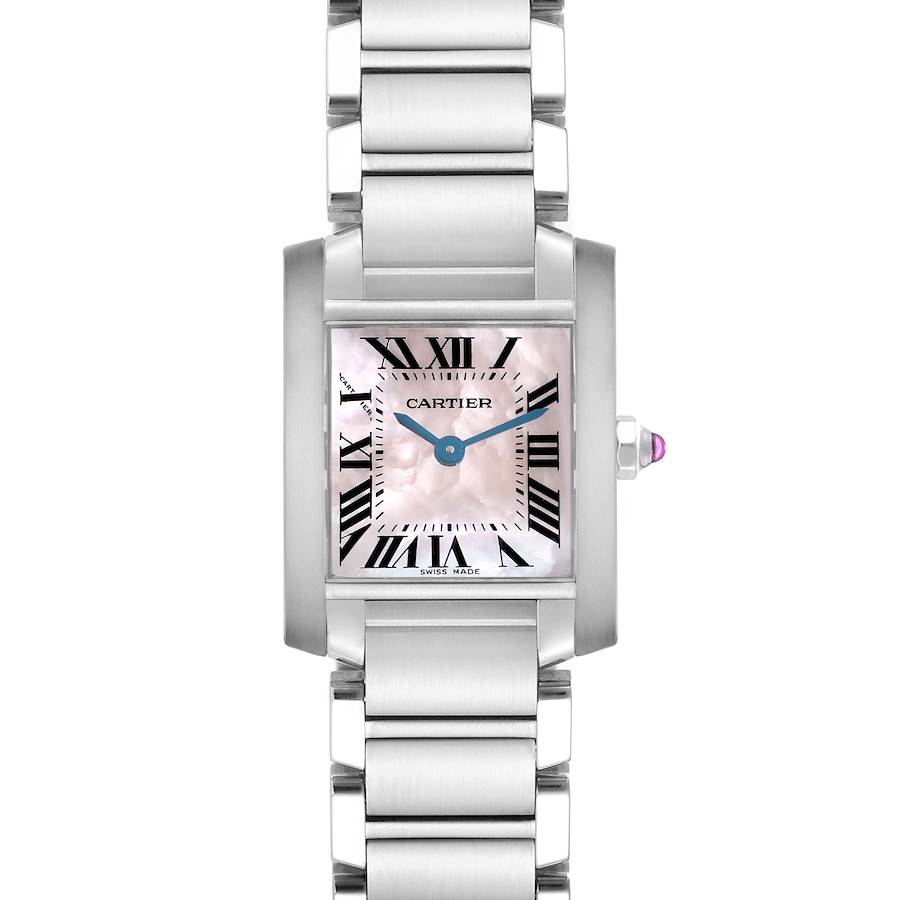 The image shows a front view of the Cartier Tank Francaise watch, highlighting the face, bracelet, and winder.