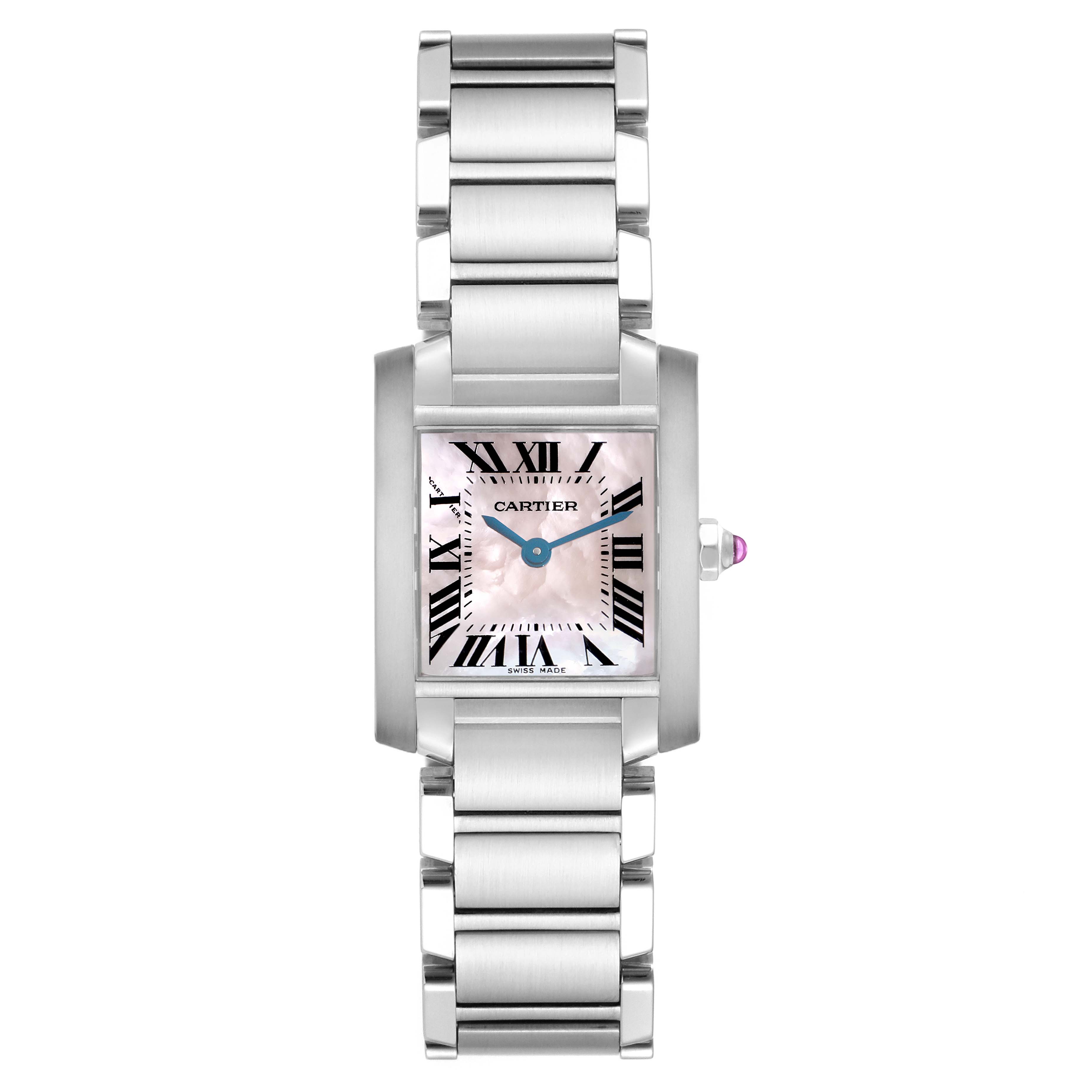 The Cartier Tank Française is shown from a top-down angle, highlighting the bracelet and rectangular face with Roman numerals.