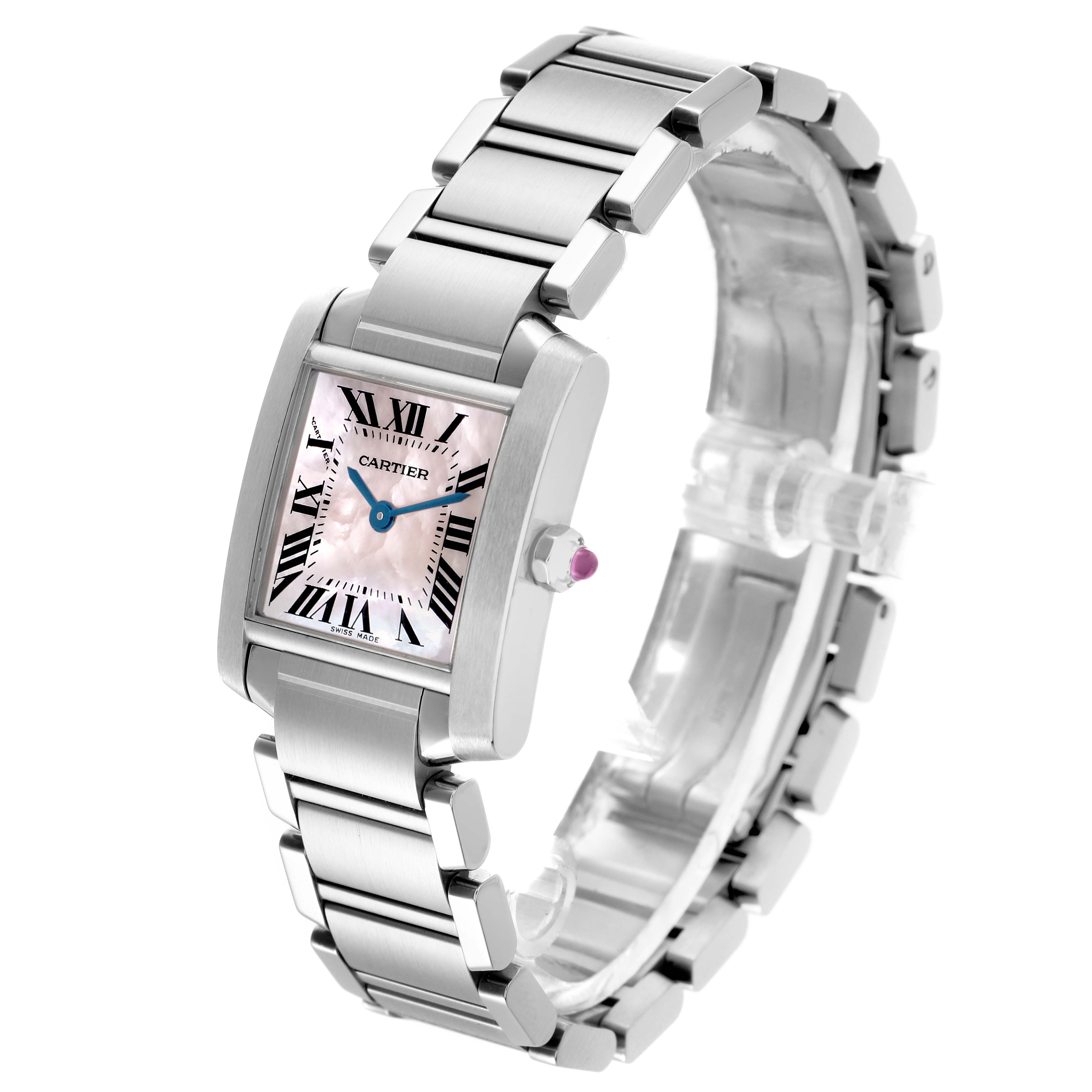 The Cartier Tank Francaise W51028Q3 Women
s Stainless Steel Mother of Pearl Dial W51028Q3 Women
s Stainless Steel Mother of Pearl Dial watch is shown at an angled view, highlighting its rectangular face, bracelet, and crown with a cabochon.