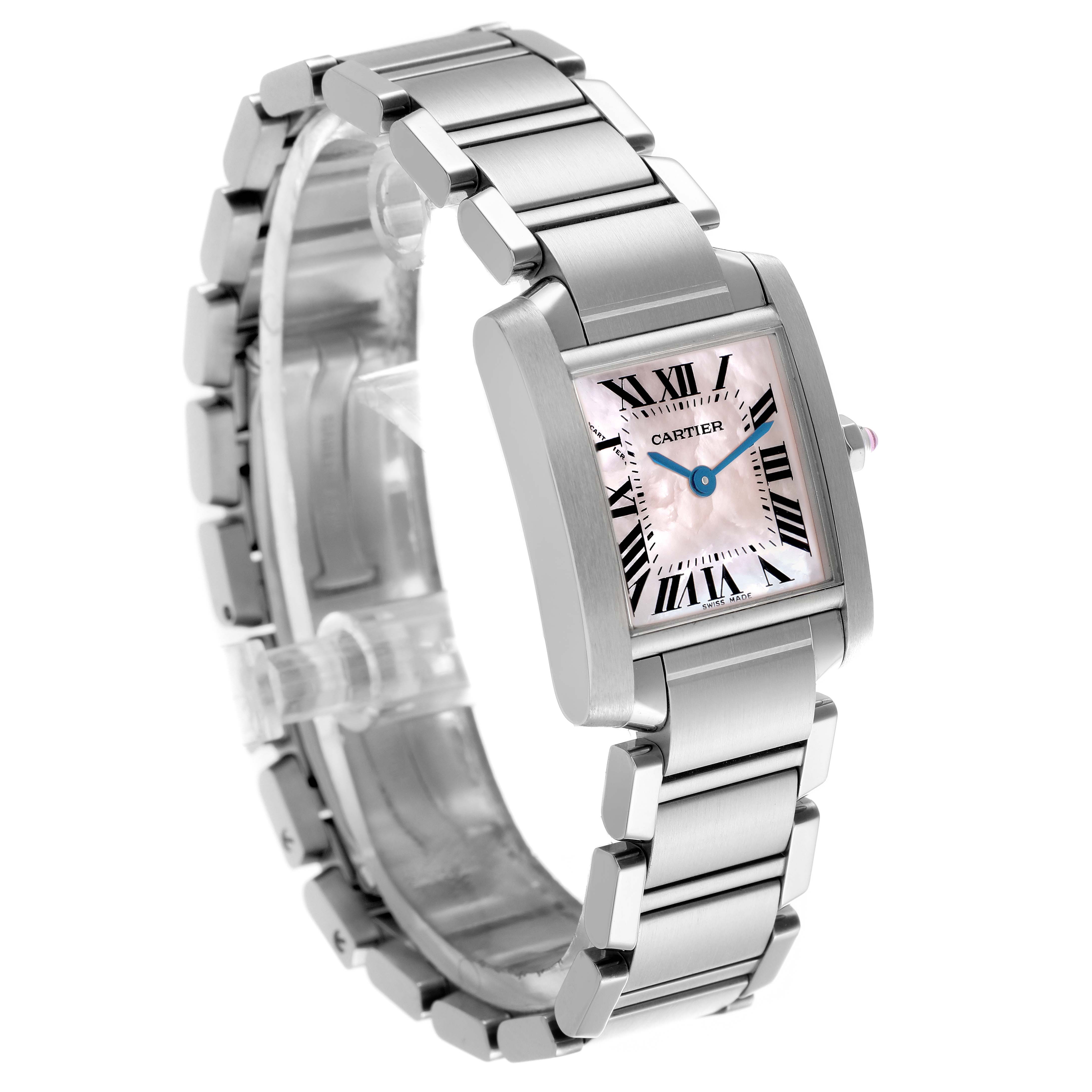 The Cartier Tank Francaise W51028Q3 Women
s Stainless Steel Mother of Pearl Dial W51028Q3 Women
s Stainless Steel Mother of Pearl Dial watch is shown at an angle displaying its face, bezel, and bracelet, highlighting the rectangular case.