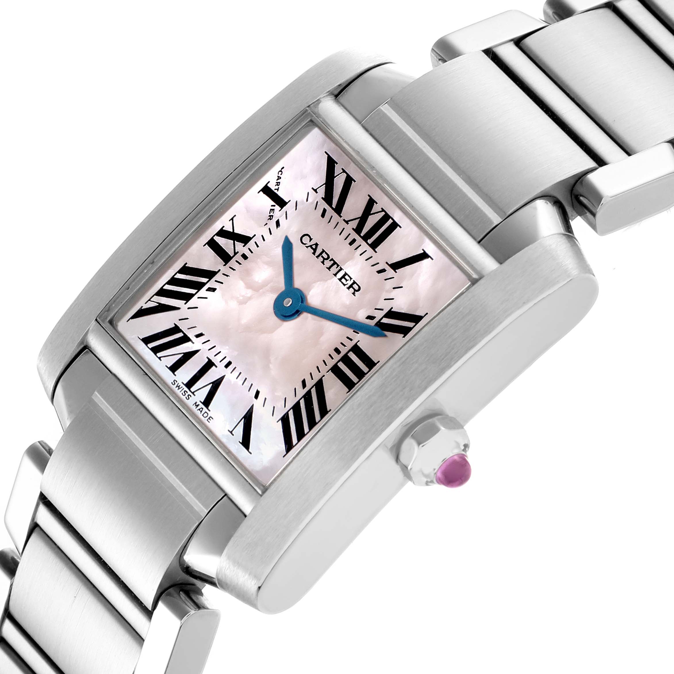 The Cartier Tank Française watch is shown at an angle revealing the face, Roman numerals, blue hands, bezel, and part of the bracelet.