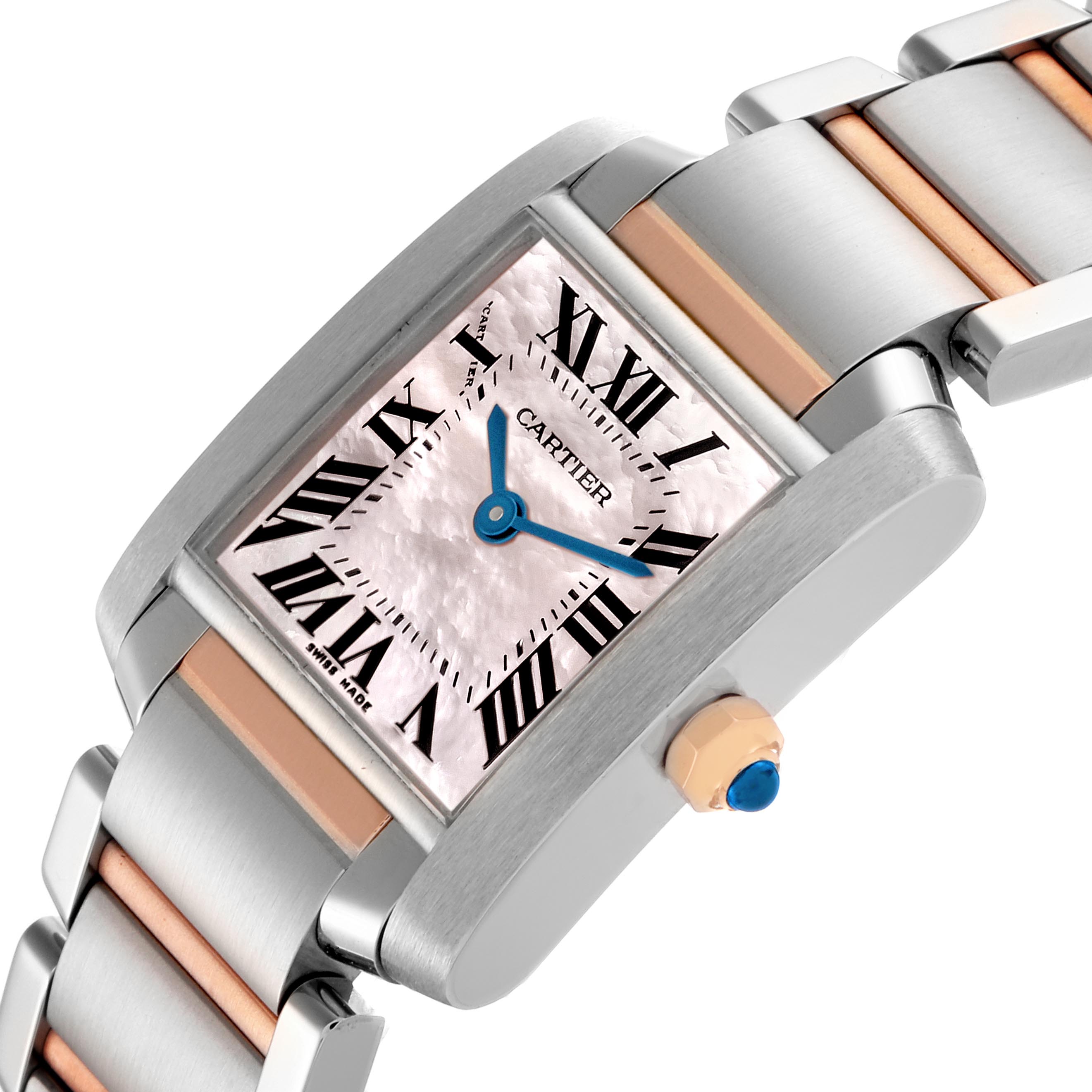 The Cartier Tank Française watch is shown from an angle highlighting its face, bracelet, and crown.