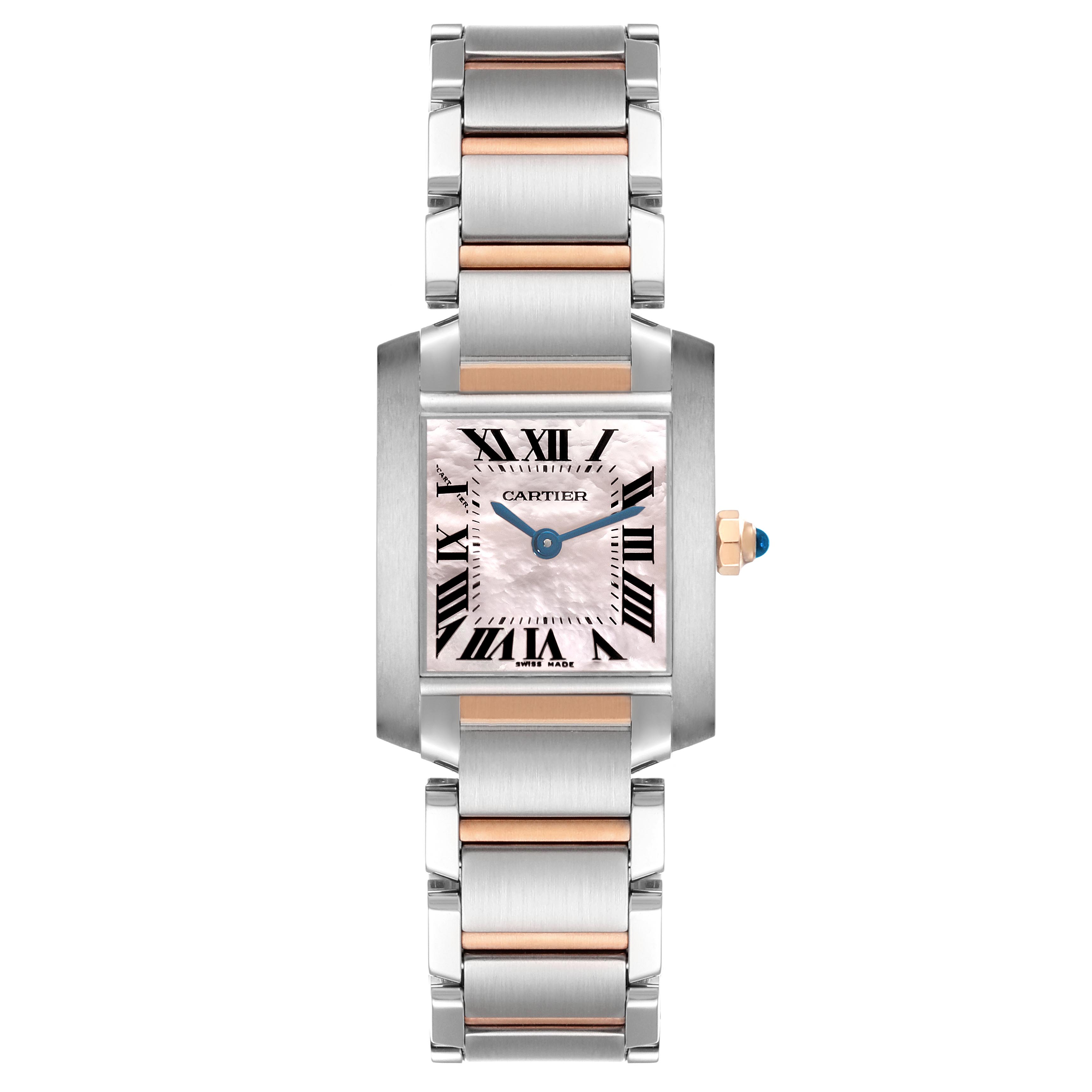 The Cartier Tank Francaise W51027Q4 Women
s Steel and Gold (two tone) Mother of Pearl Dial W51027Q4 Women
s Steel and Gold (two tone) Mother of Pearl Dial watch is shown from a front angle, highlighting the face, bezel, and two-tone bracelet.