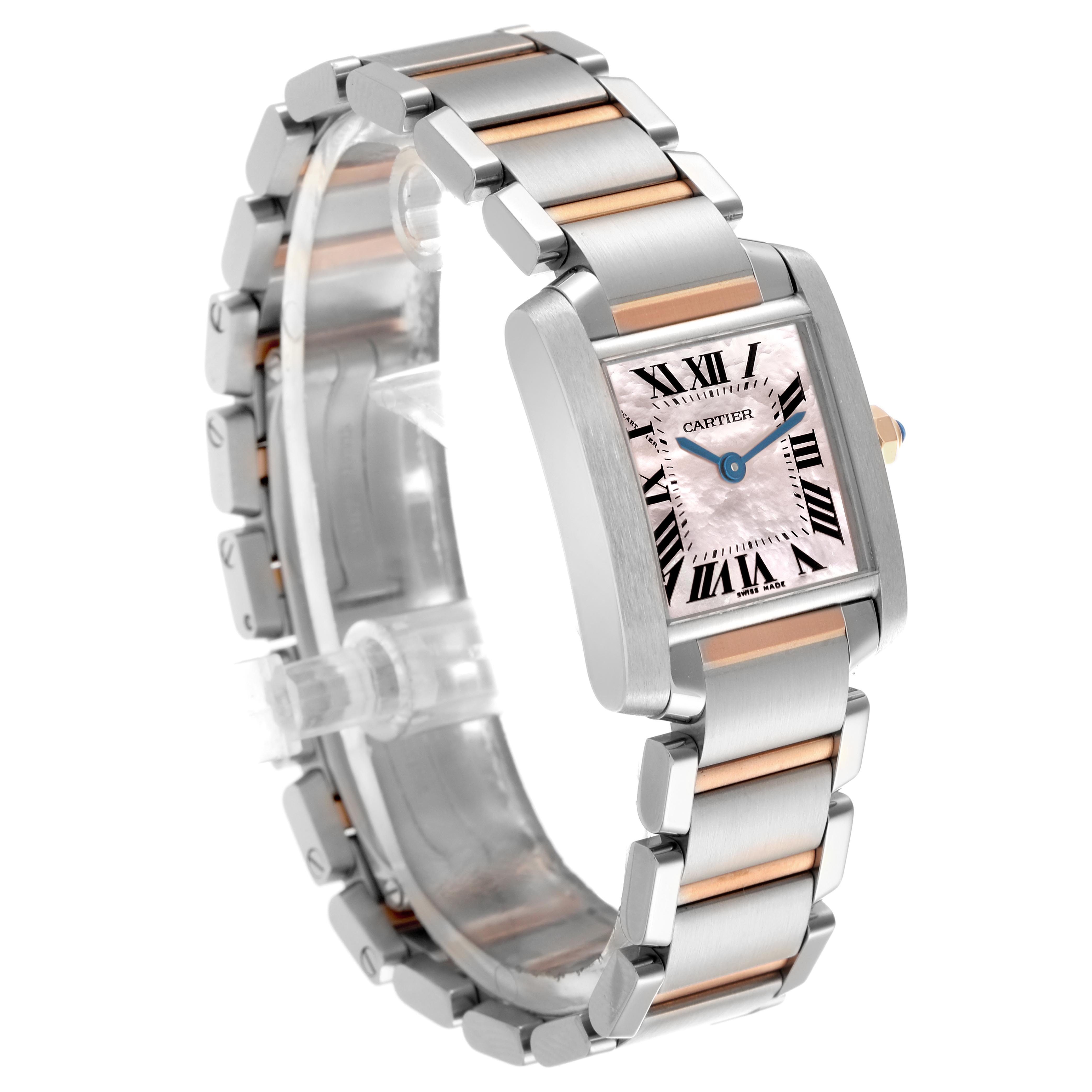 The Cartier Tank Francaise W51027Q4 Women
s Steel and Gold (two tone) Mother of Pearl Dial W51027Q4 Women
s Steel and Gold (two tone) Mother of Pearl Dial watch is shown at an angled view, highlighting the face, case, and bracelet with its two-tone design.