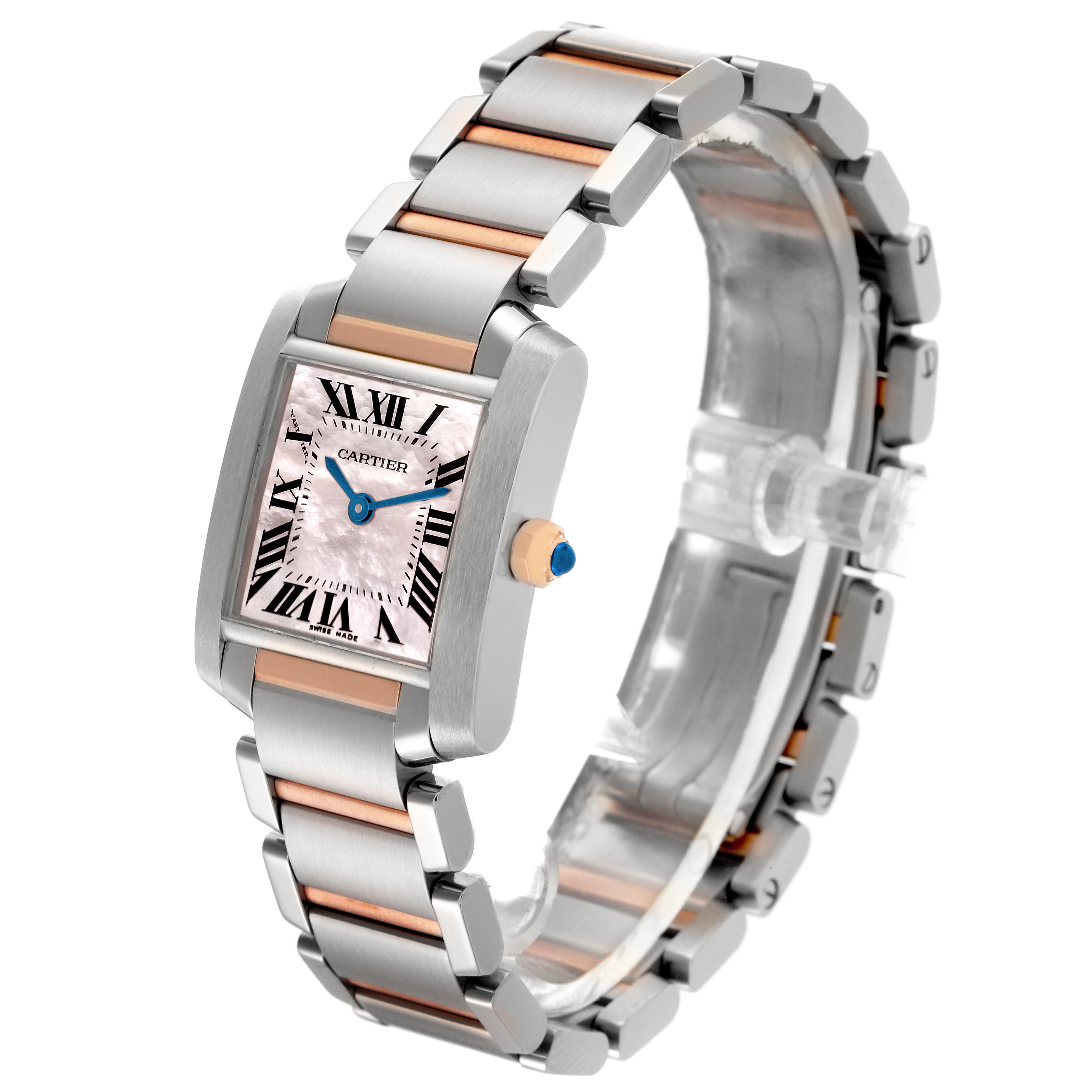 The Cartier Tank Francaise W51027Q4 Women
s Steel and Gold (two tone) Mother of Pearl Dial W51027Q4 Women
s Steel and Gold (two tone) Mother of Pearl Dial watch is shown at a three-quarter angle, displaying the face, bracelet, and crown.