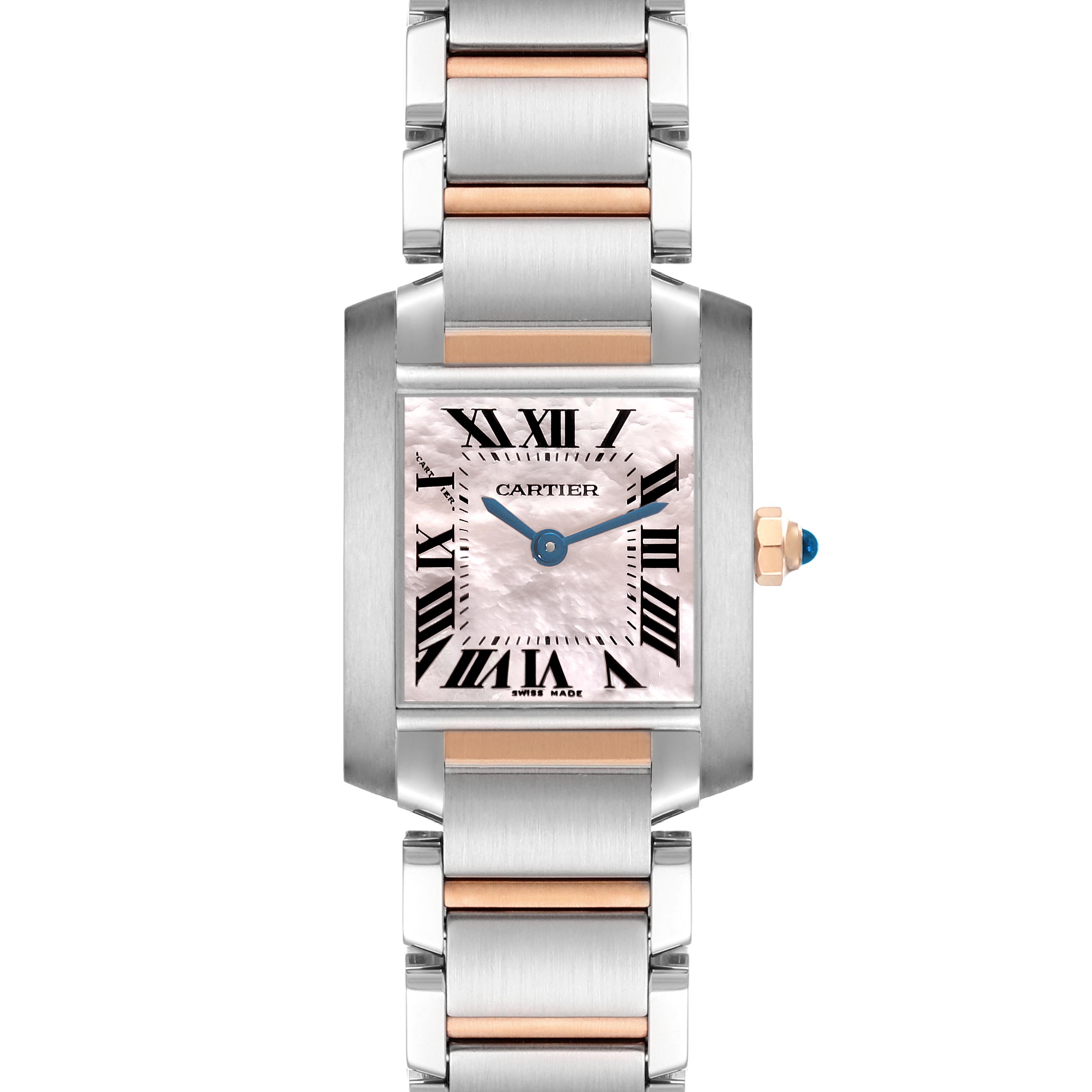 The Cartier Tank Francaise W51027Q4 Women
s Steel and Gold (two tone) Mother of Pearl Dial W51027Q4 Women
s Steel and Gold (two tone) Mother of Pearl Dial watch is shown from the front, highlighting its face, bracelet, and crown.