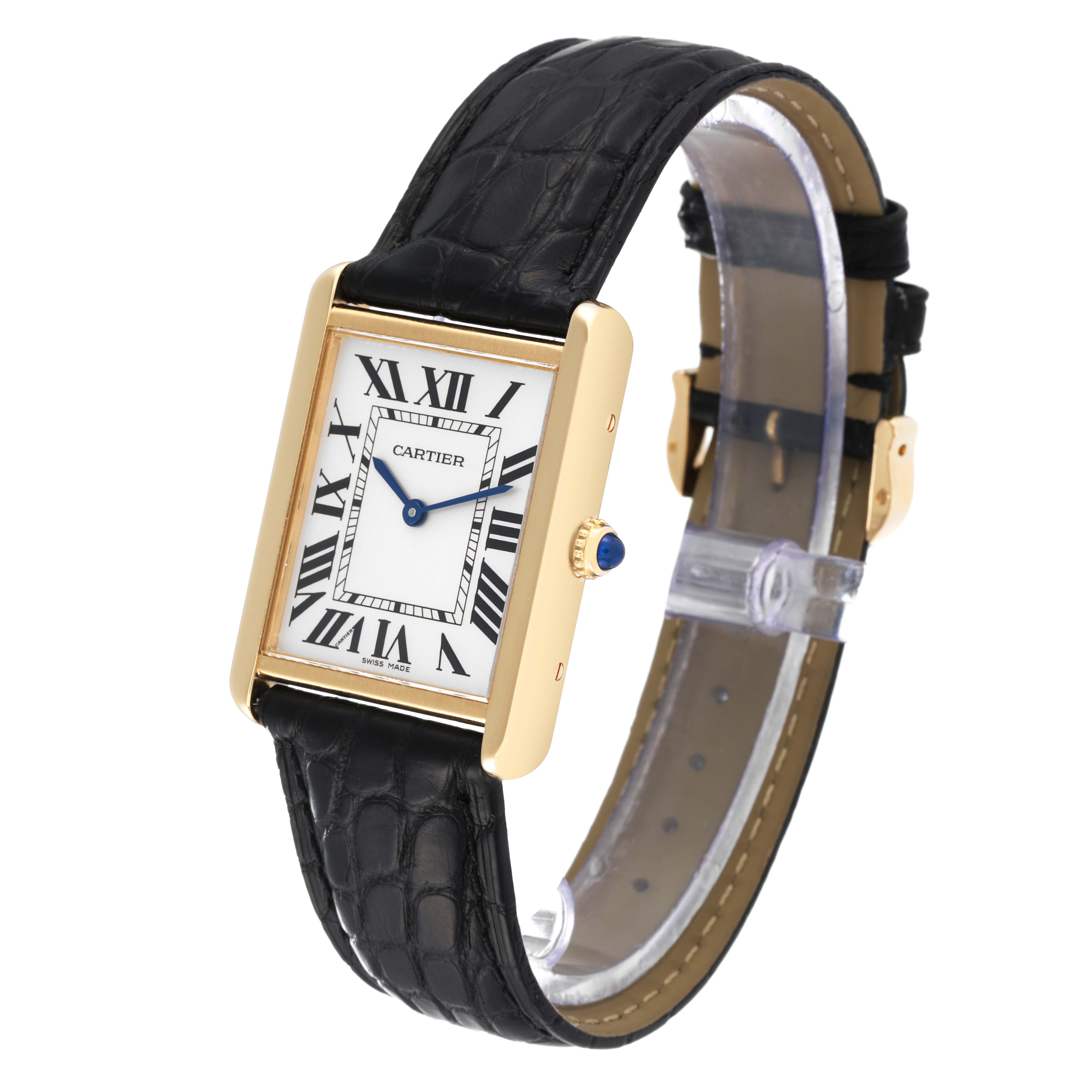 The image shows a Cartier Tank Solo W5200004 Men
s Yellow Gold Silver Dial W5200004 Men
s Yellow Gold Silver Dial model watch with a rectangular face, Roman numerals, and a black leather strap, viewed from a front angle.