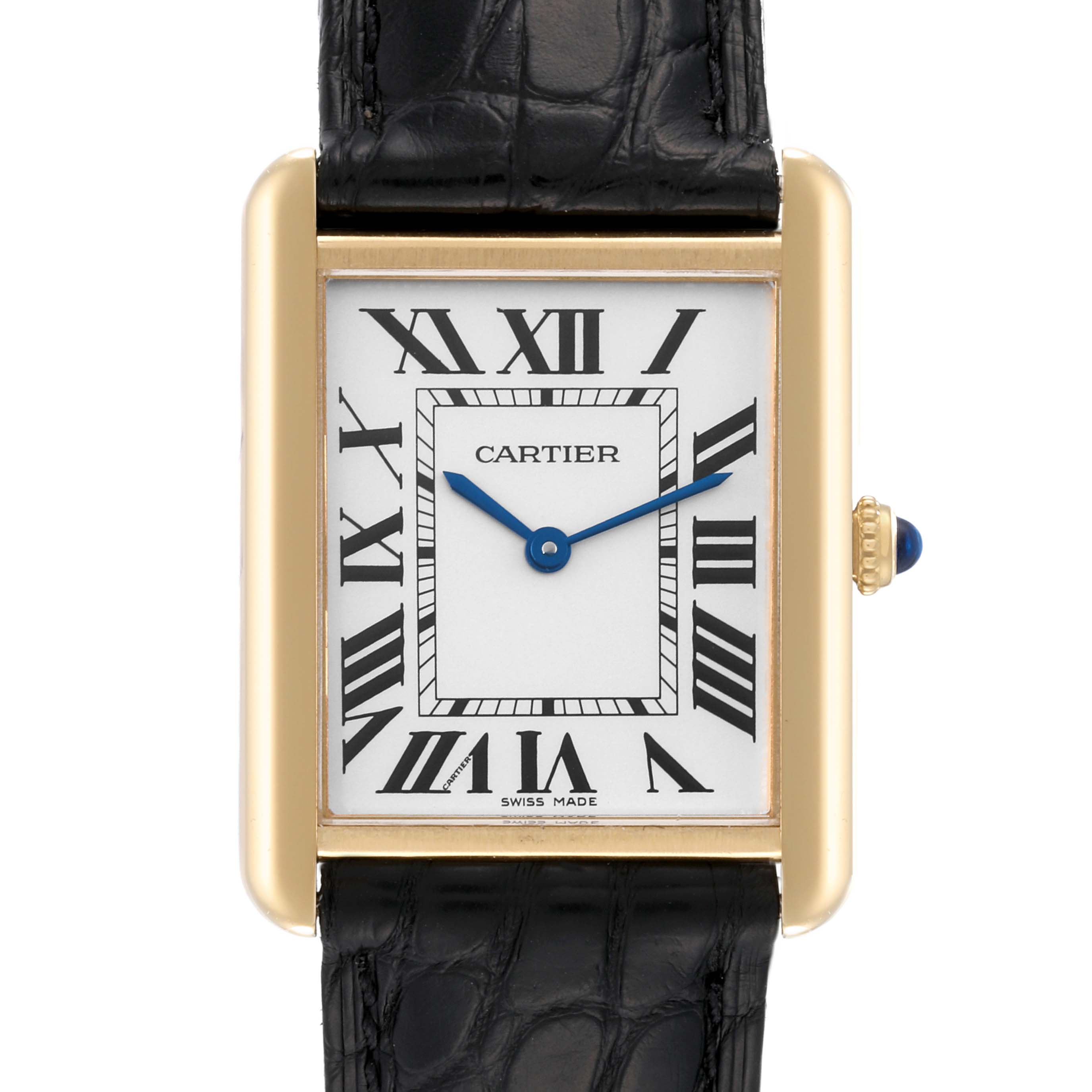 This is a close-up, front view of a Cartier Tank Solo W5200004 Men
s Yellow Gold Silver Dial W5200004 Men
s Yellow Gold Silver Dial watch, showing the face, hands, Roman numerals, and part of the strap.