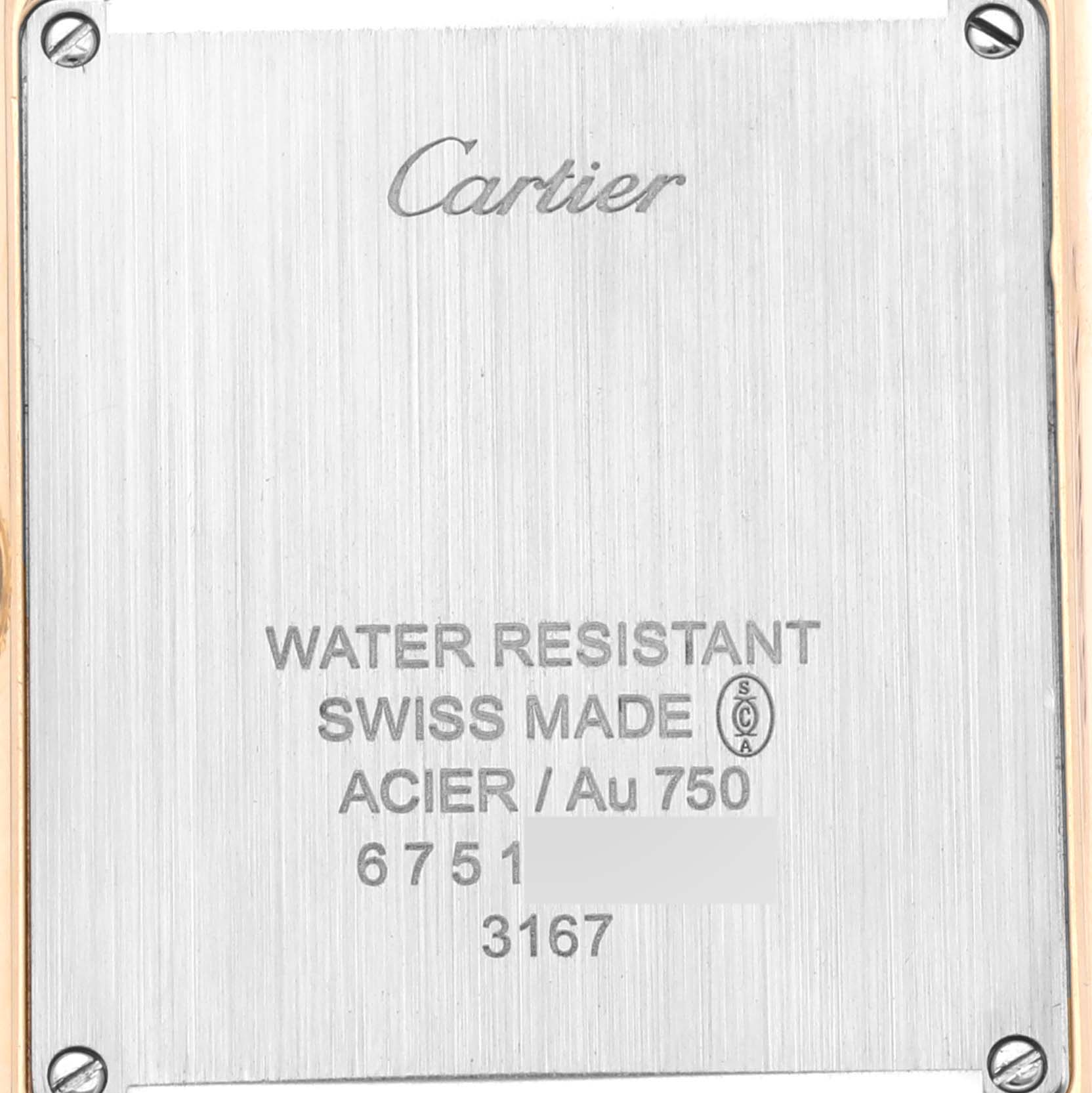 This image shows the back plate of a Cartier Tank Solo W5200004 Men
s Yellow Gold Silver Dial W5200004 Men
s Yellow Gold Silver Dial watch displaying the brand, water resistance, materials, and model information.