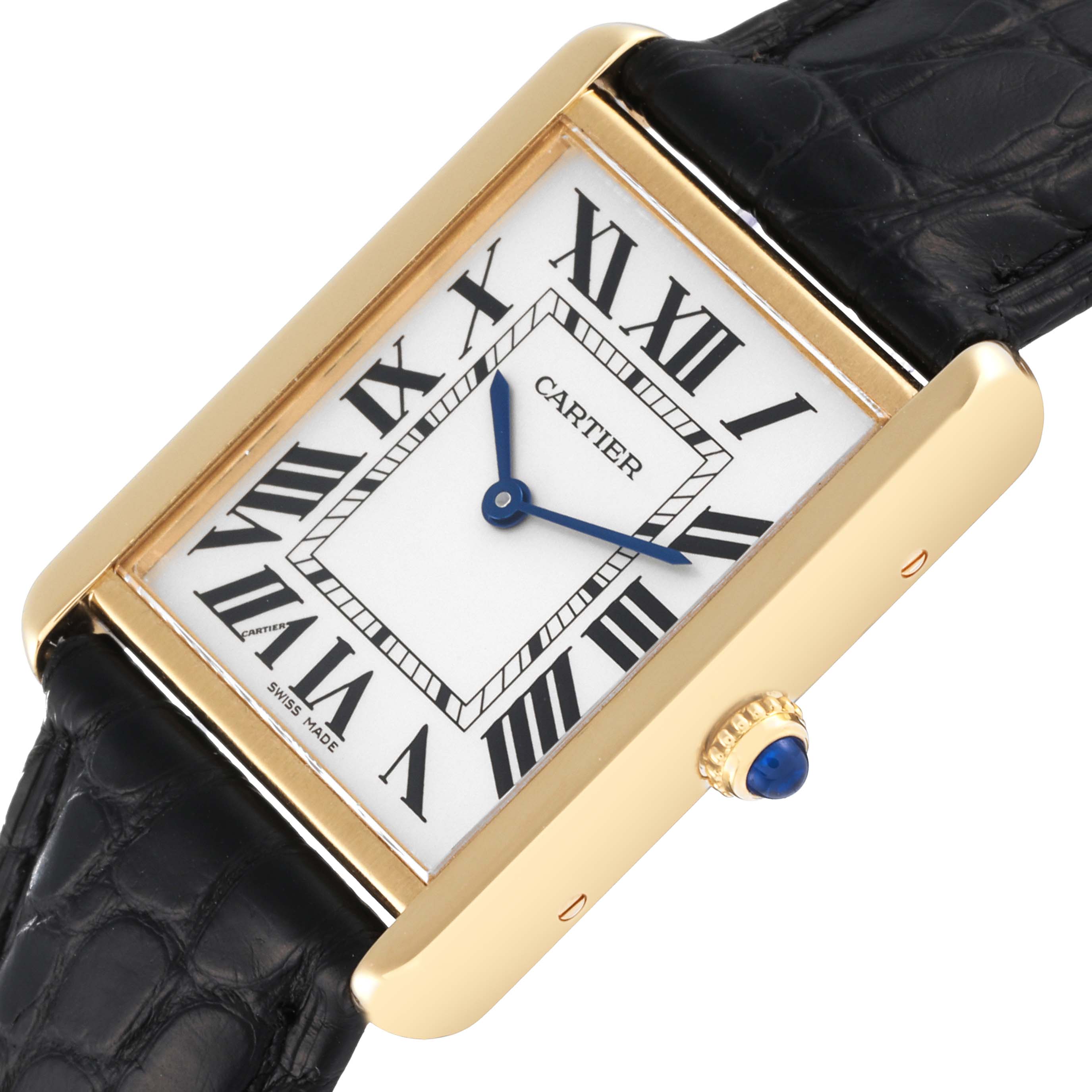 The Cartier Tank Solo W5200004 Men
s Yellow Gold Silver Dial W5200004 Men
s Yellow Gold Silver Dial watch is shown from a top angle displaying its rectangular face, Roman numerals, blue hands, and a black leather strap.