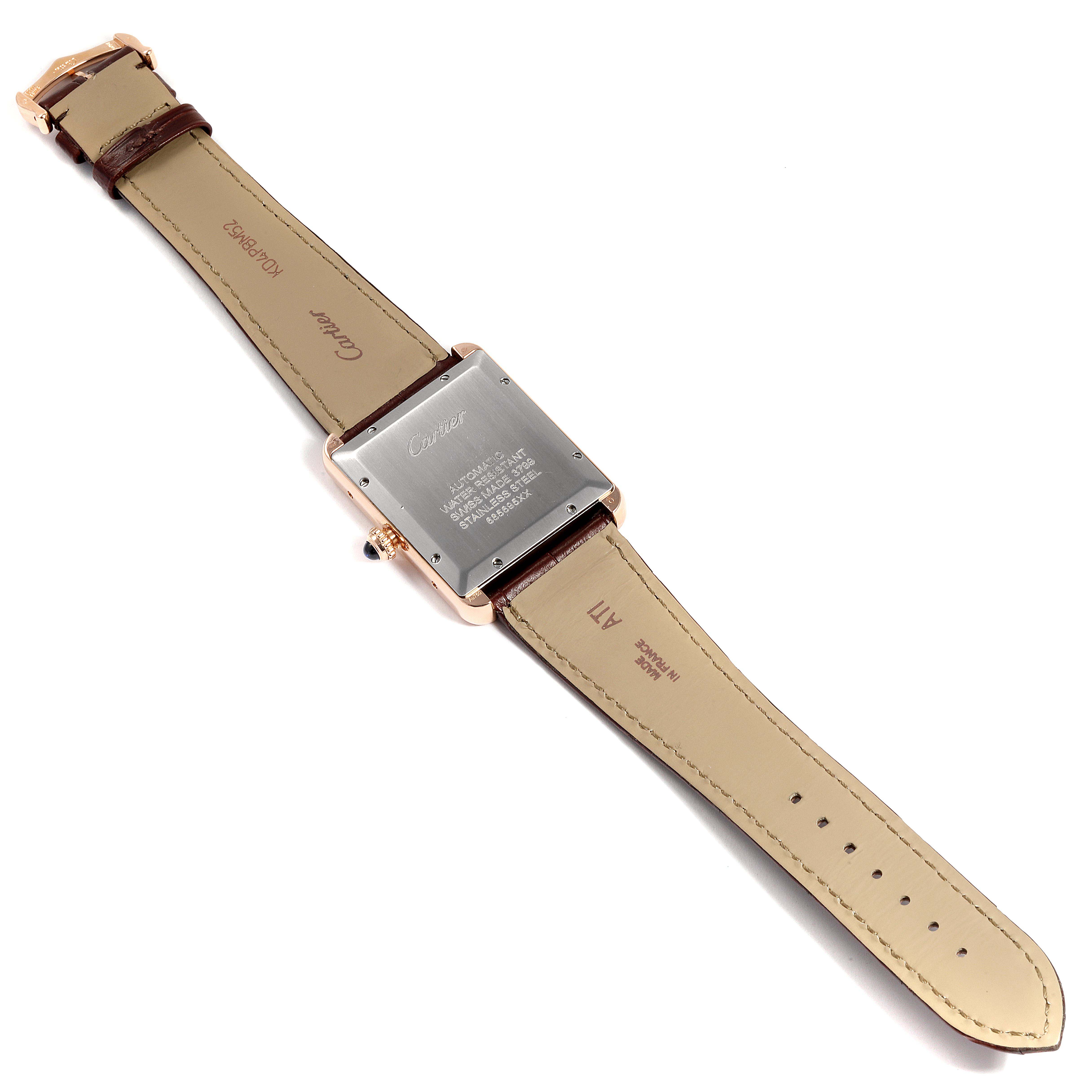 The image shows the back case and leather strap of a Cartier Tank Solo W5200026 Men's Rose Gold Silver Dial W5200026 Men's Rose Gold Silver Dial watch, viewed from the rear.