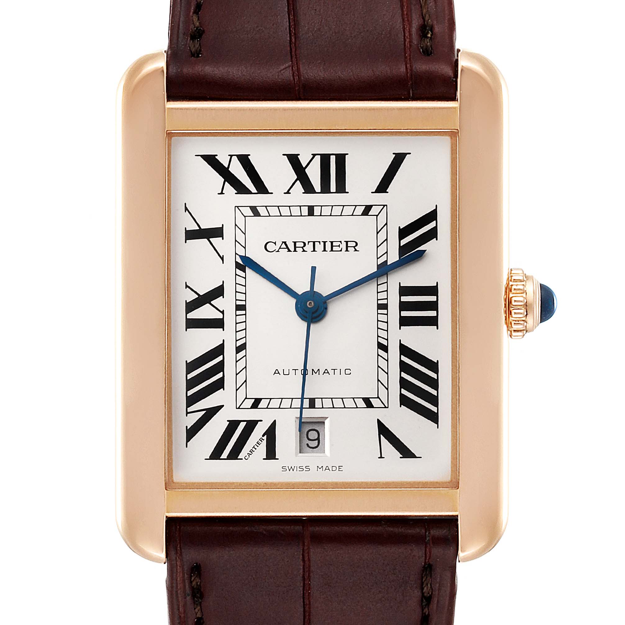The image shows a front view of the Cartier Tank Solo W5200026 Men's Rose Gold Silver Dial W5200026 Men's Rose Gold Silver Dial watch, highlighting its rectangular face, Roman numeral markers, and leather strap.