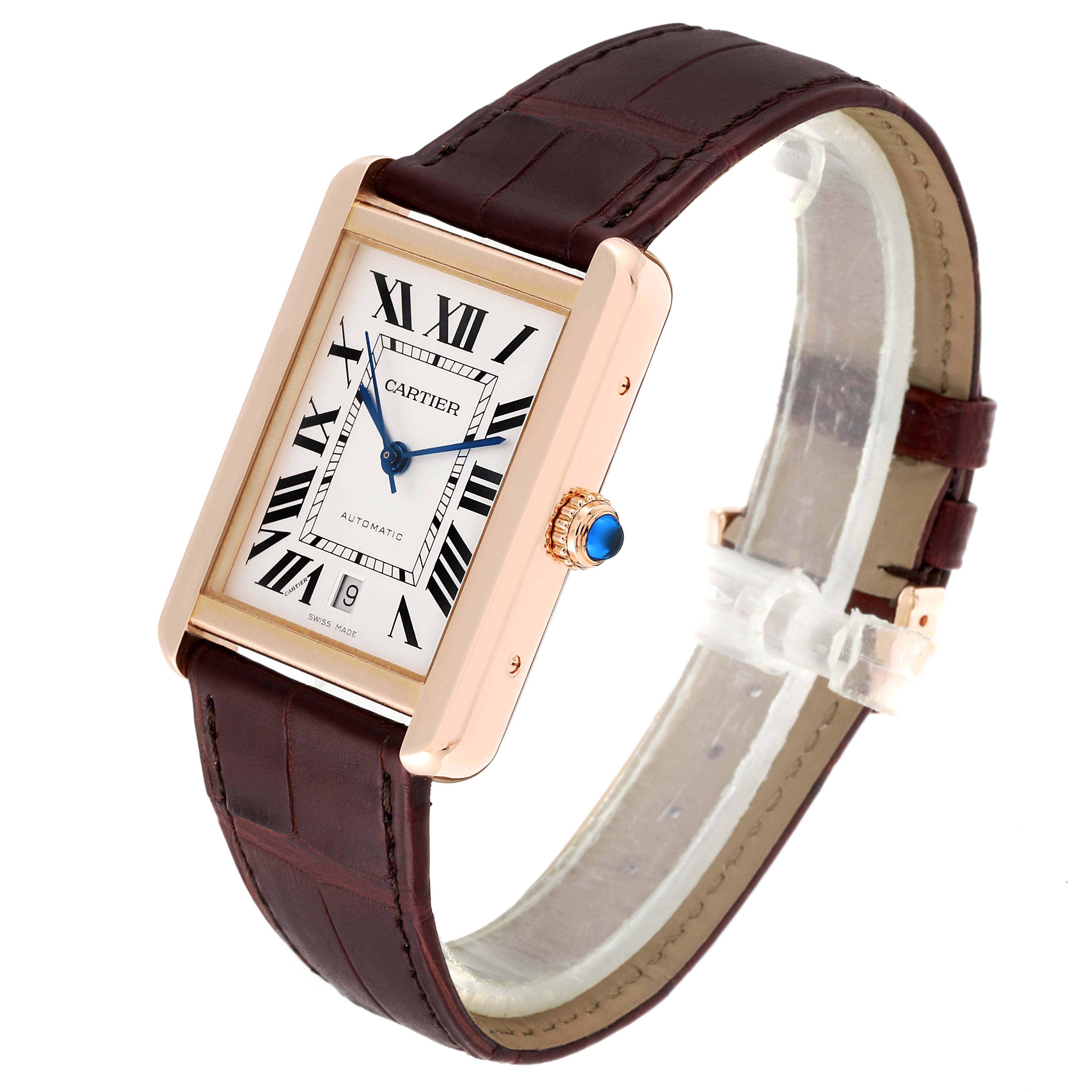 The Cartier Tank Solo W5200026 Men's Rose Gold Silver Dial W5200026 Men's Rose Gold Silver Dial watch is shown at a slight angle, highlighting its face, crown, and leather strap.