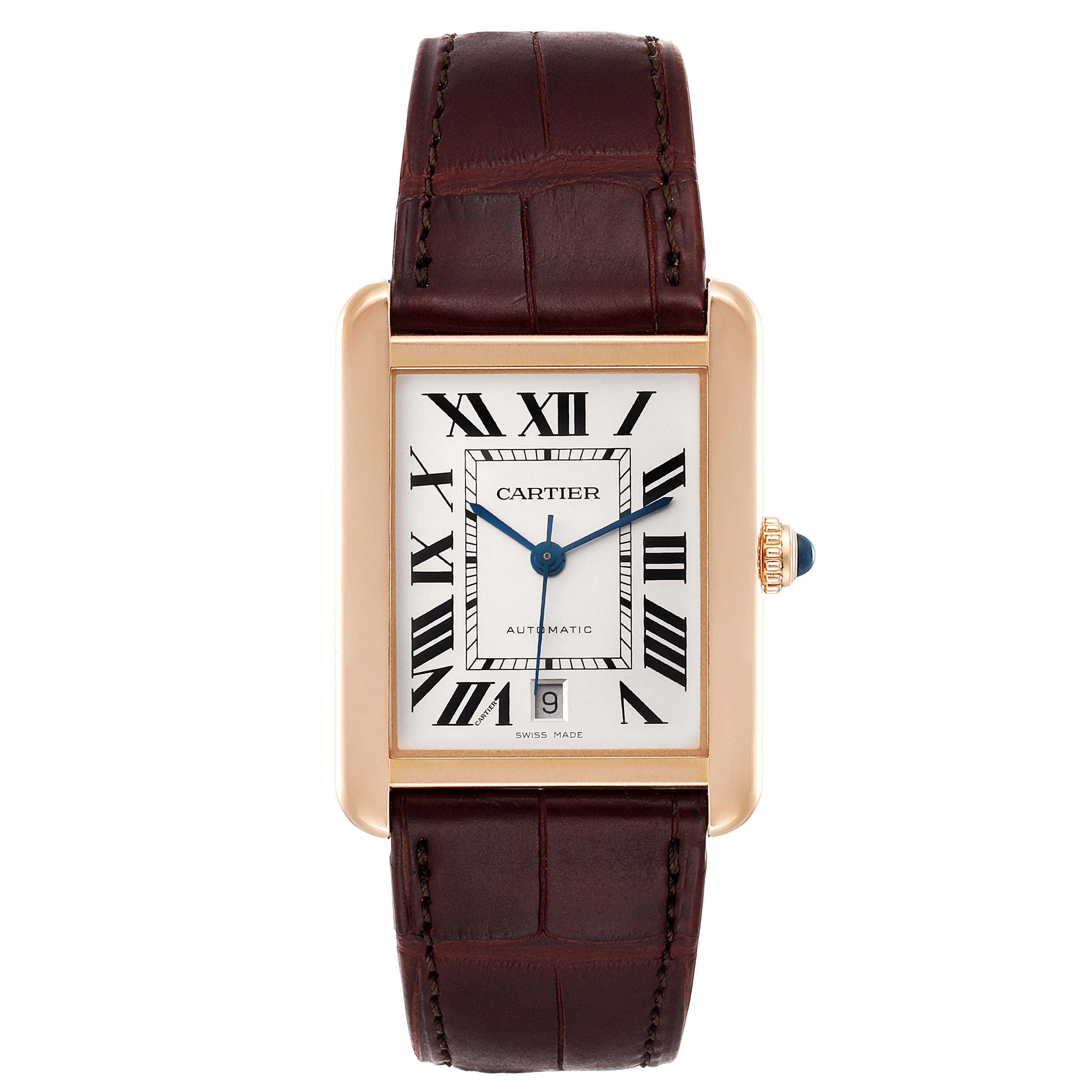 The image shows a front view of the Cartier Tank Solo W5200026 Men's Rose Gold Silver Dial W5200026 Men's Rose Gold Silver Dial watch, highlighting its rectangular dial, leather strap, and Roman numeral markers.