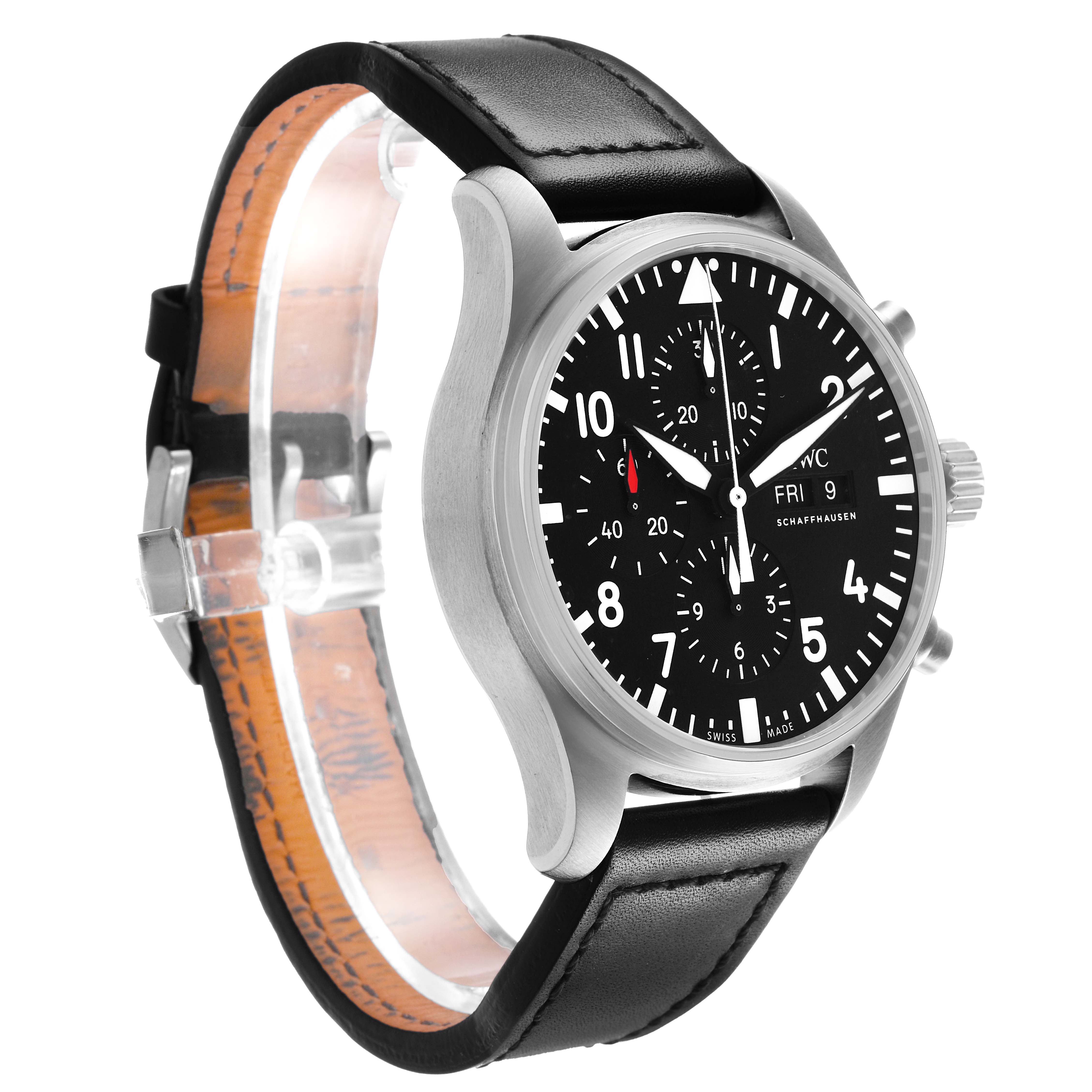 The IWC Pilot IW377710 Men's Stainless Steel Black Dial watch is shown at a three-quarter angle, displaying the dial, bezel, case, crown, and leather strap.