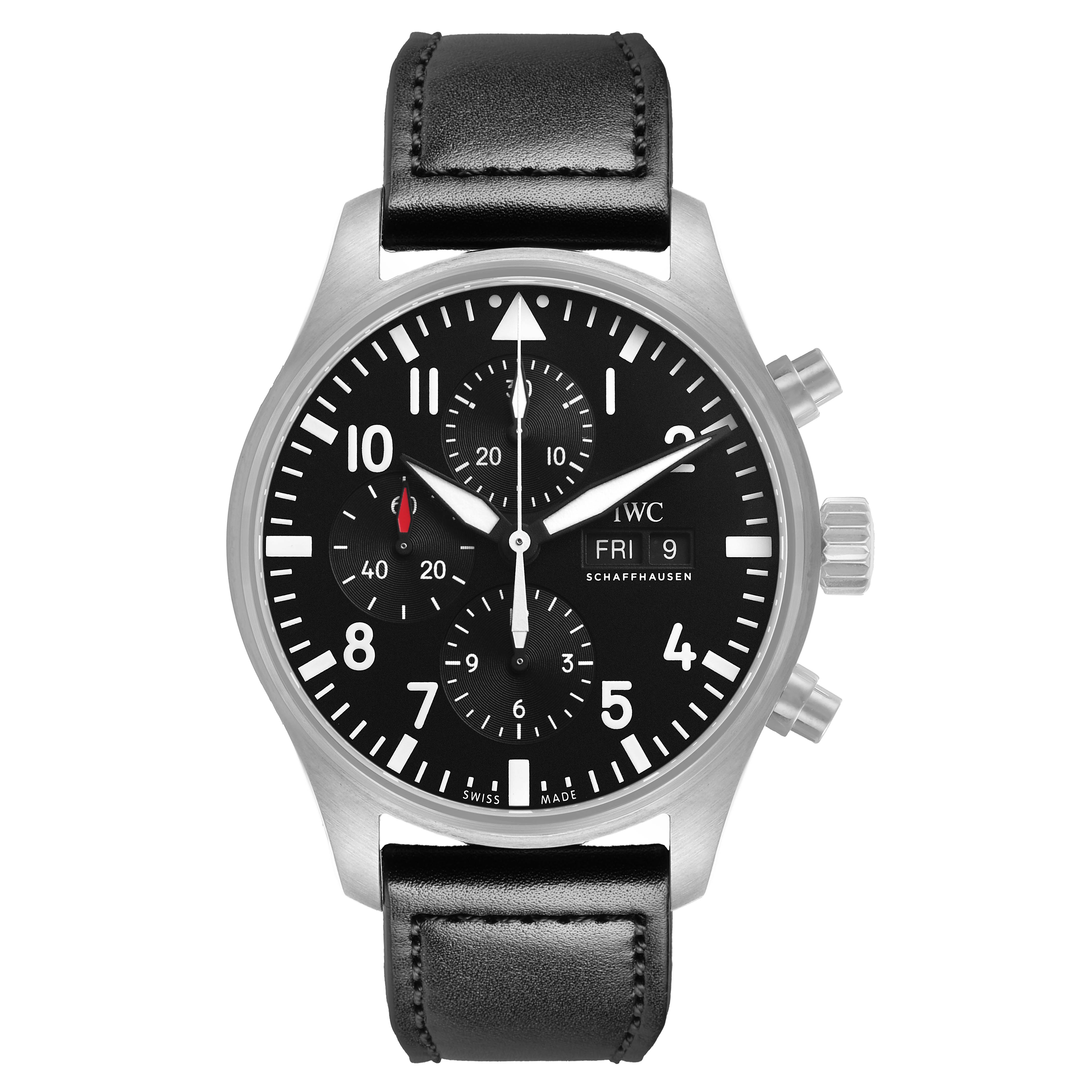 The IWC Pilot IW377710 Men's Stainless Steel Black Dial model watch is shown from the front, displaying its black dial, subdials, and leather strap.