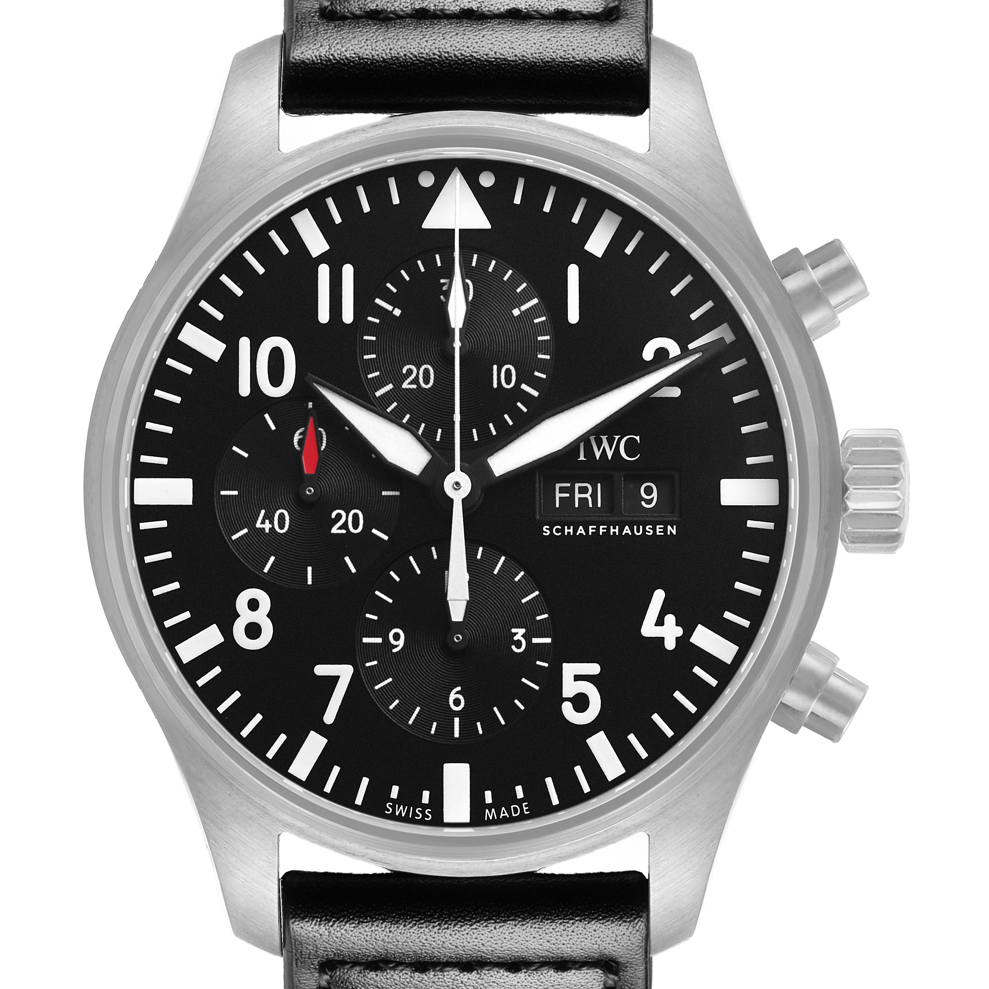 The IWC Pilot IW377710 Men's Stainless Steel Black Dial watch is shown from the front, displaying the dial, subdials, crown, pushers, and part of the strap.