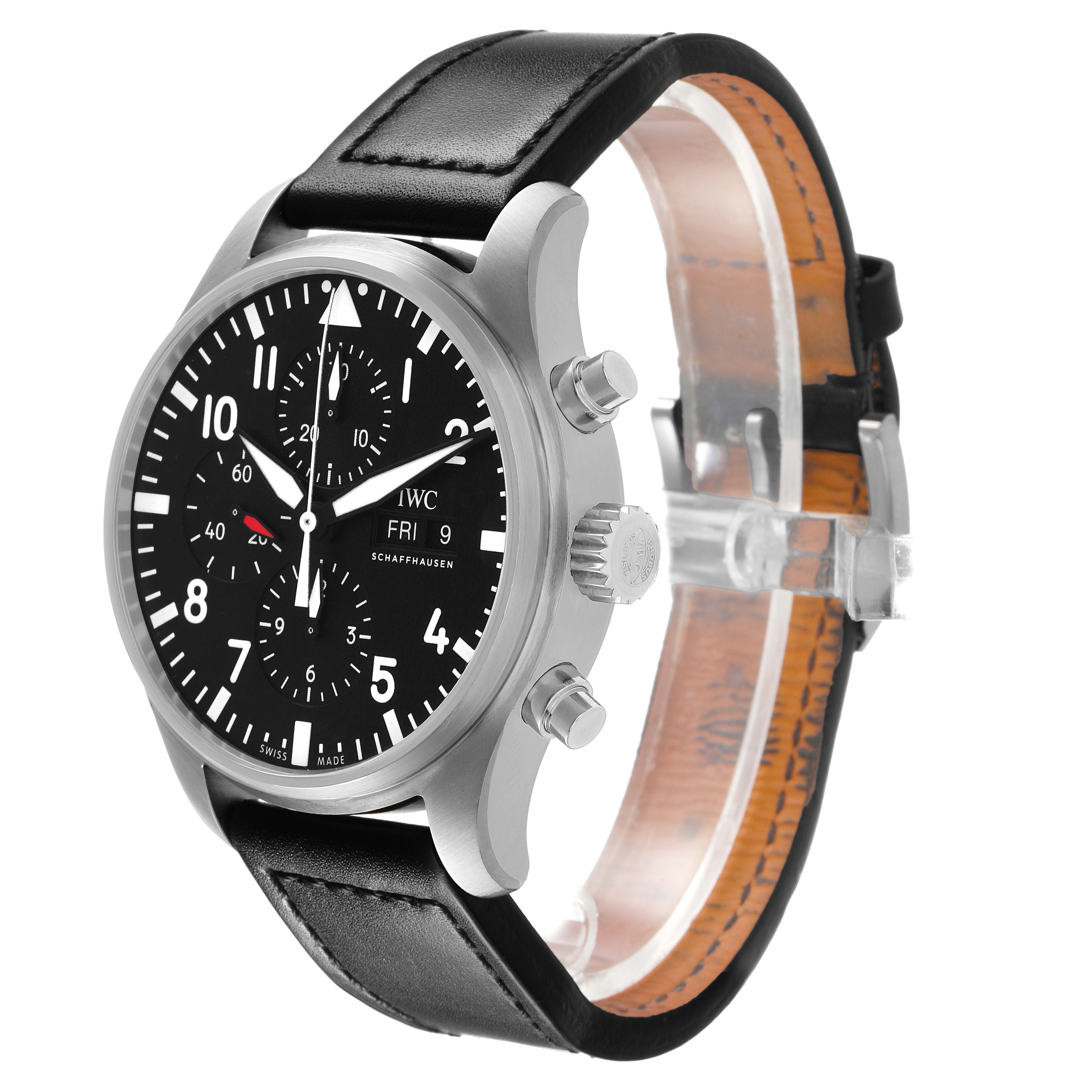 The IWC Pilot IW377710 Men's Stainless Steel Black Dial watch is shown at a three-quarter angle, highlighting the face, crown, pushers, and leather strap.