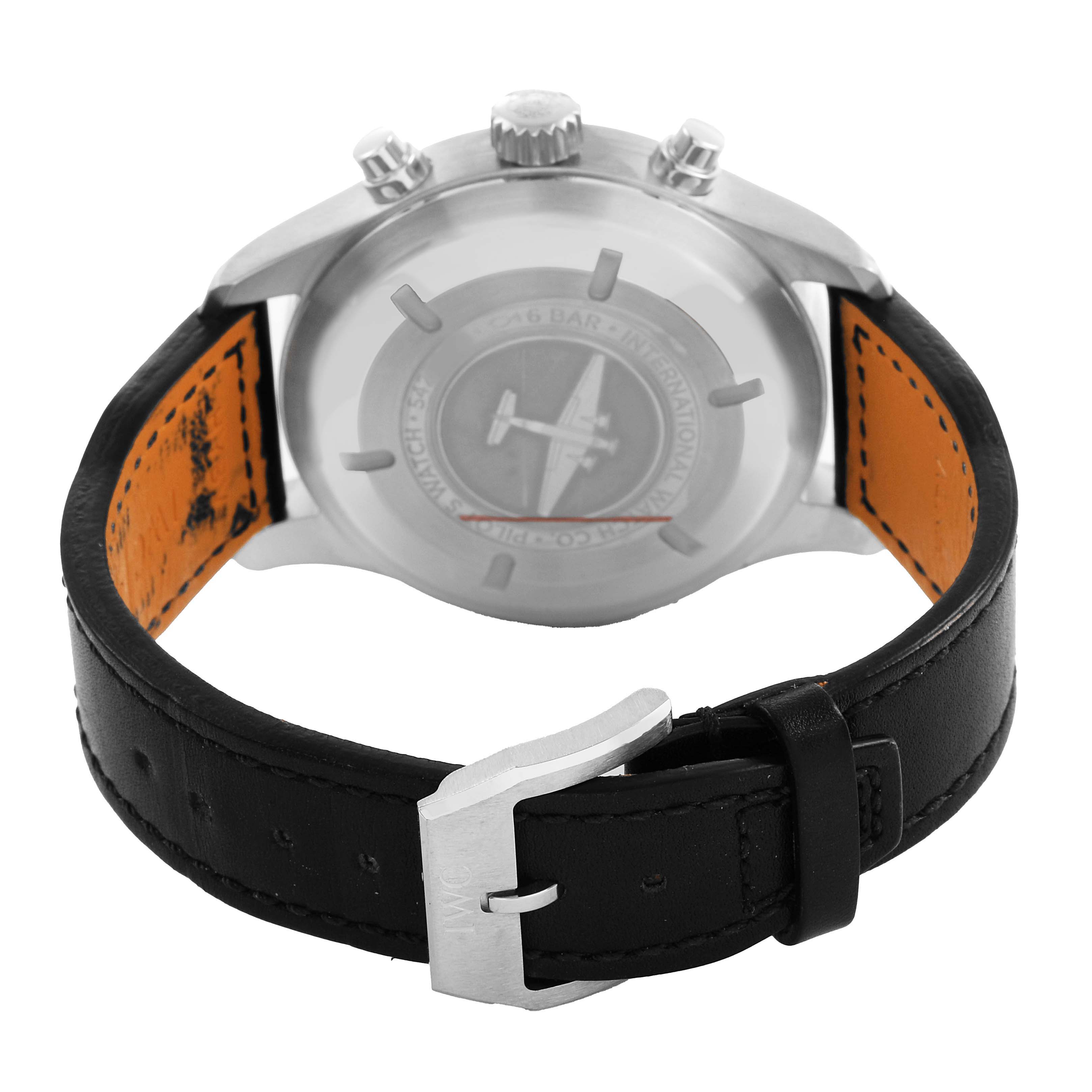 The image shows the back of the IWC Pilot IW377710 Men's Stainless Steel Black Dial model watch, highlighting the case back and black leather strap with a buckle.