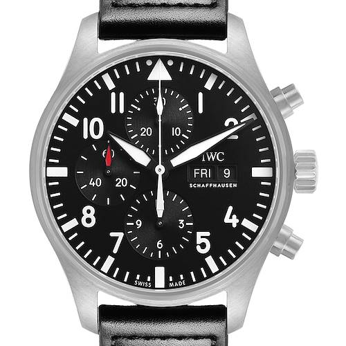 The IWC Pilot IW377710 Men's Stainless Steel Black Dial watch is shown from the front, displaying its dial, subdials, crown, and pushers.
