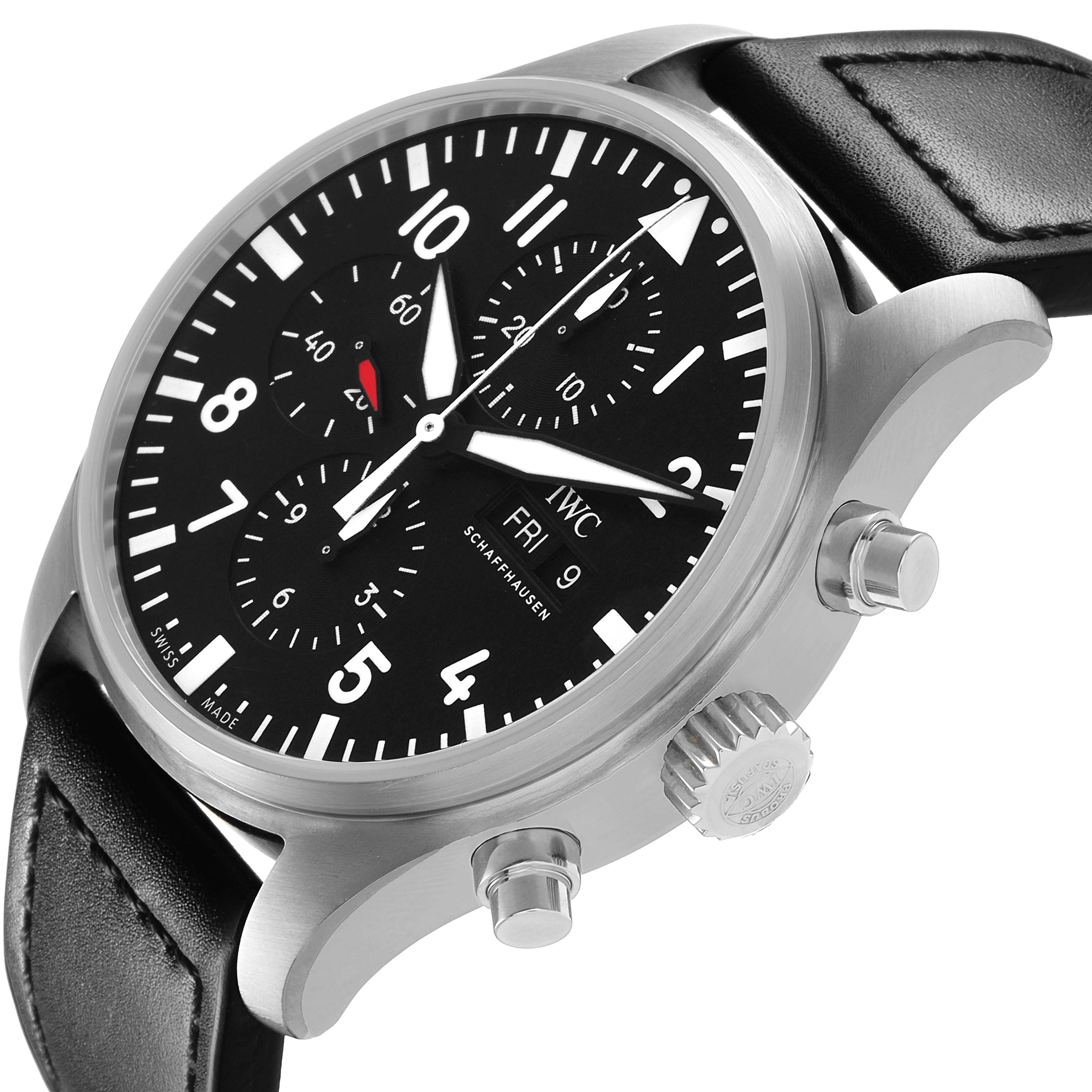 The IWC Pilot IW377710 Men's Stainless Steel Black Dial watch is shown at an angled view, highlighting its dial, crown, pushers, and black leather strap.