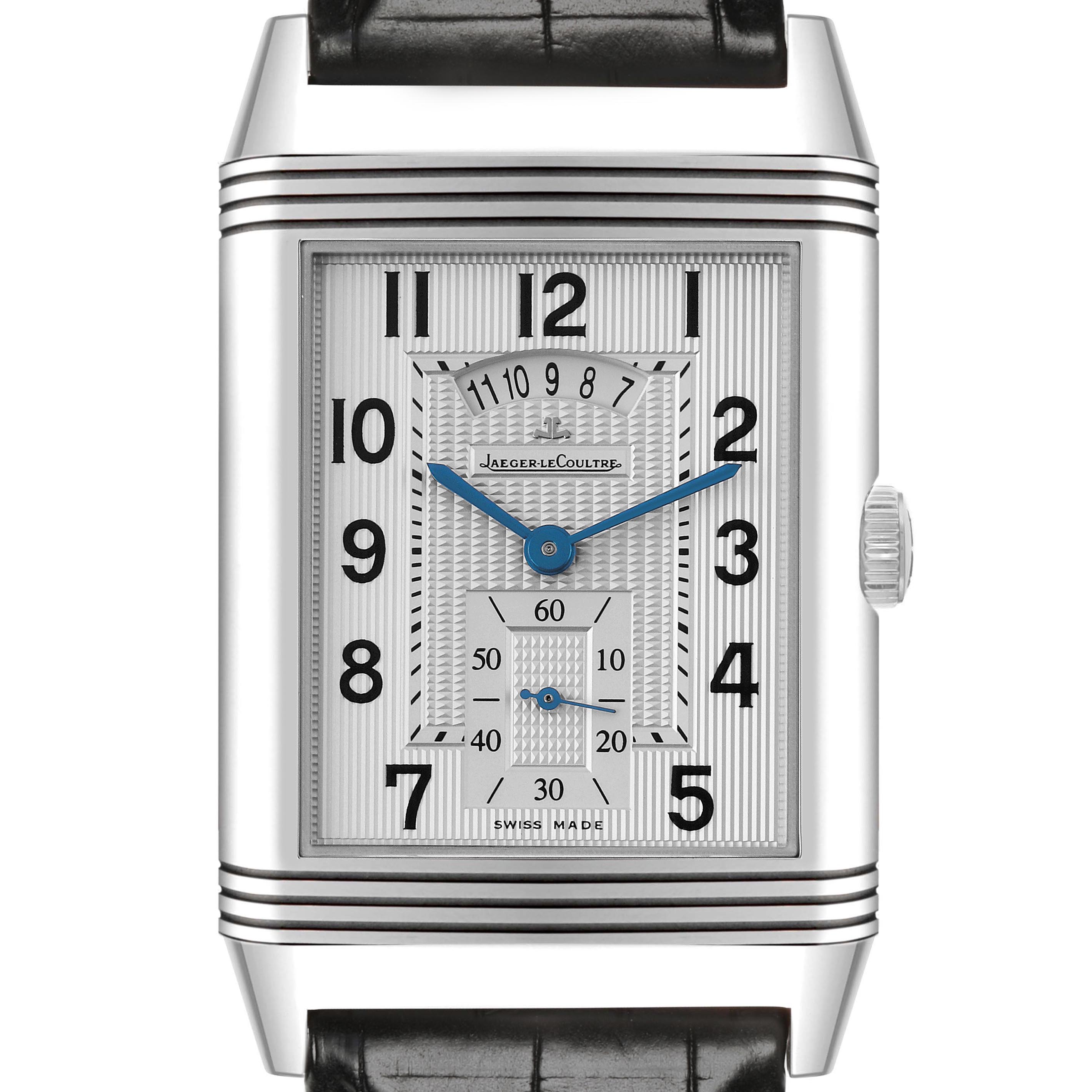 The Reverso model by Jaeger-LeCoultre is shown from the front, displaying the rectangular dial and the side crown.