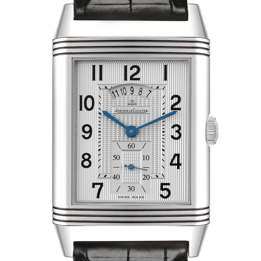 The Reverso model by Jaeger-LeCoultre is shown from the front, displaying the rectangular dial and the side crown.