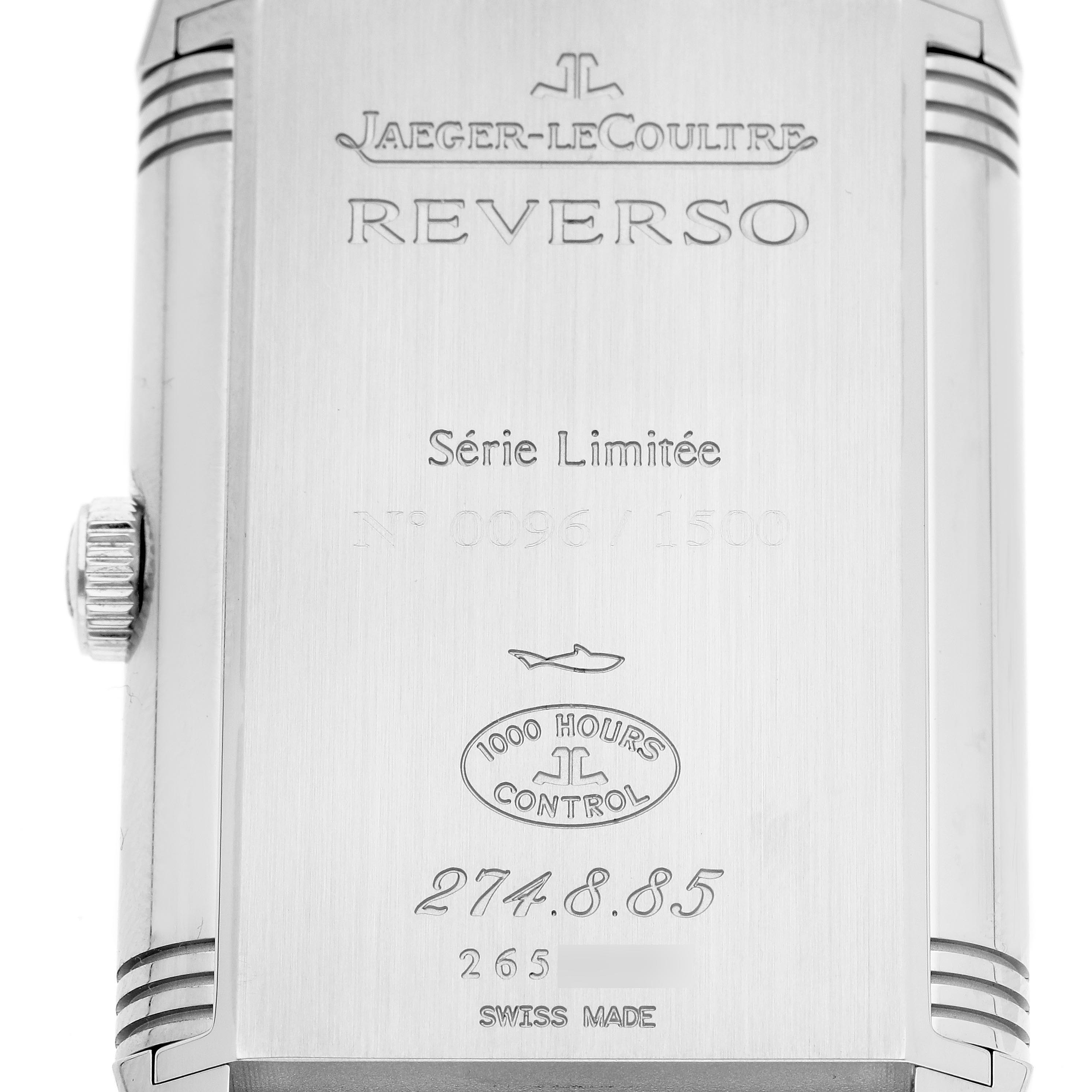 The image shows the back case of a Jaeger LeCoultre Reverso Q3748420 Men
s Stainless Steel Silver Dial Q3748420 Men
s Stainless Steel Silver Dial watch, with engravings and a visible crown on the side.