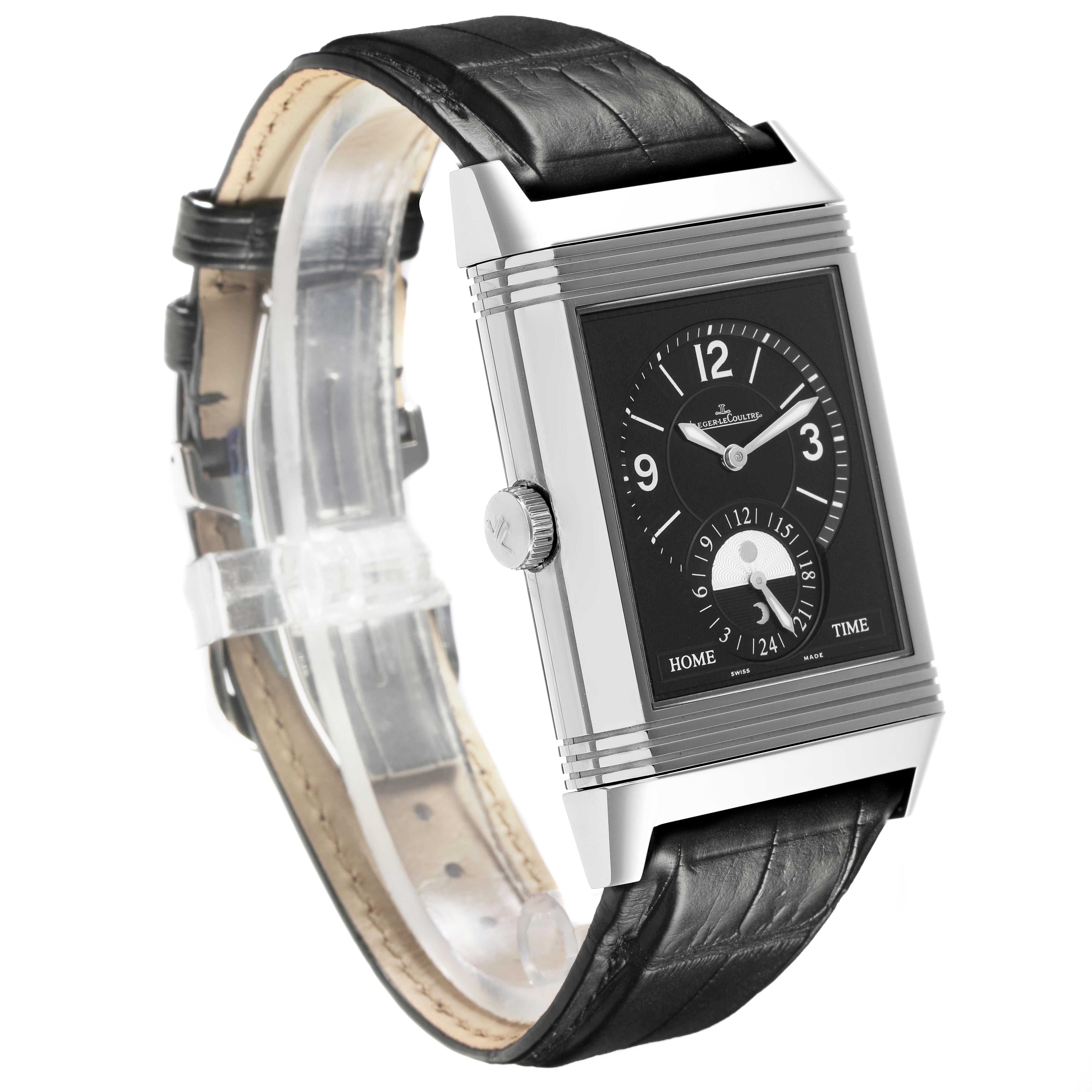 The Jaeger LeCoultre Reverso Q3748420 Men
s Stainless Steel Silver Dial Q3748420 Men
s Stainless Steel Silver Dial watch is shown at an angled side view, displaying the dial, crown, and leather strap.