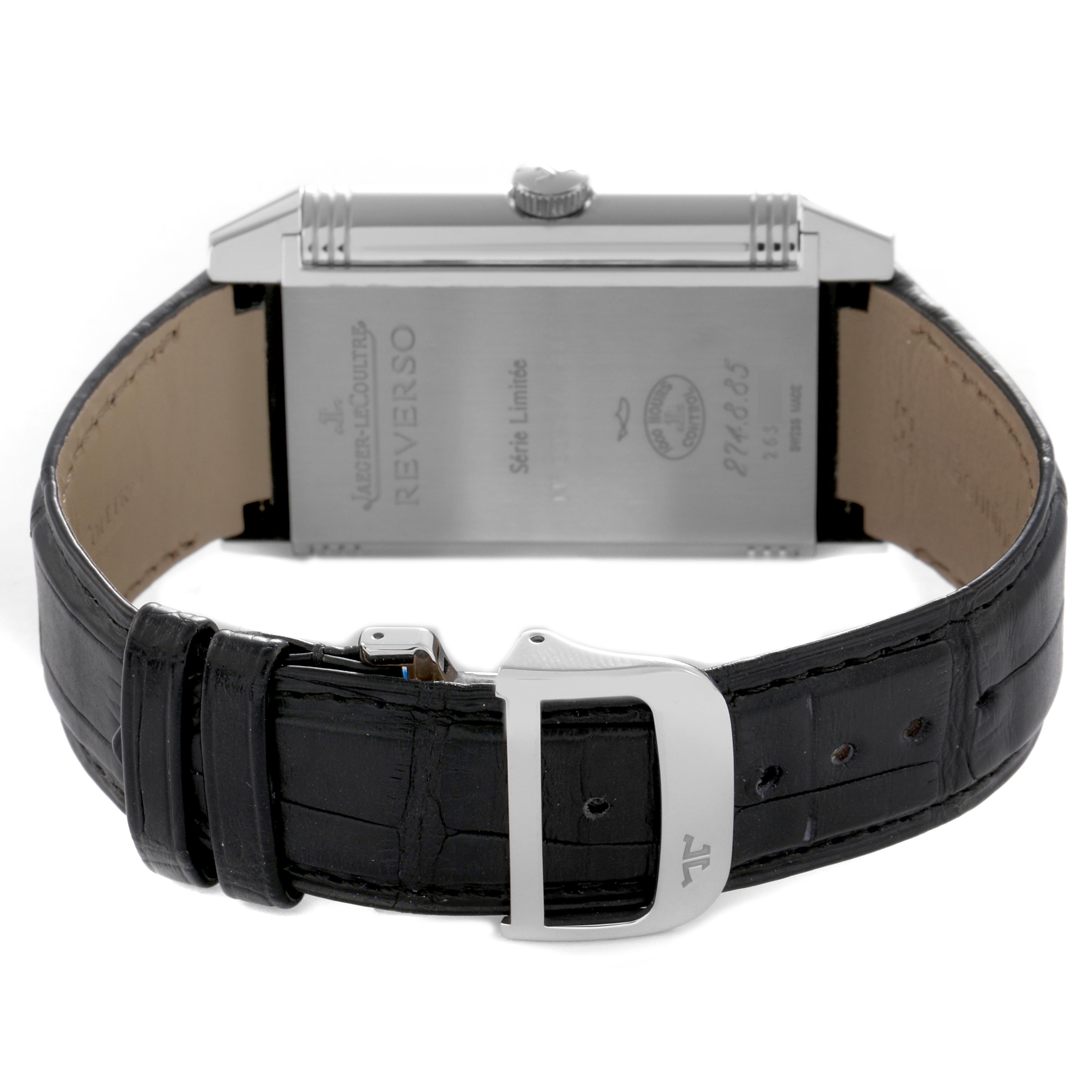 The image shows the back of a Jaeger LeCoultre Reverso Q3748420 Men
s Stainless Steel Silver Dial Q3748420 Men
s Stainless Steel Silver Dial watch, highlighting the watch
s strap, buckle, and back casing.