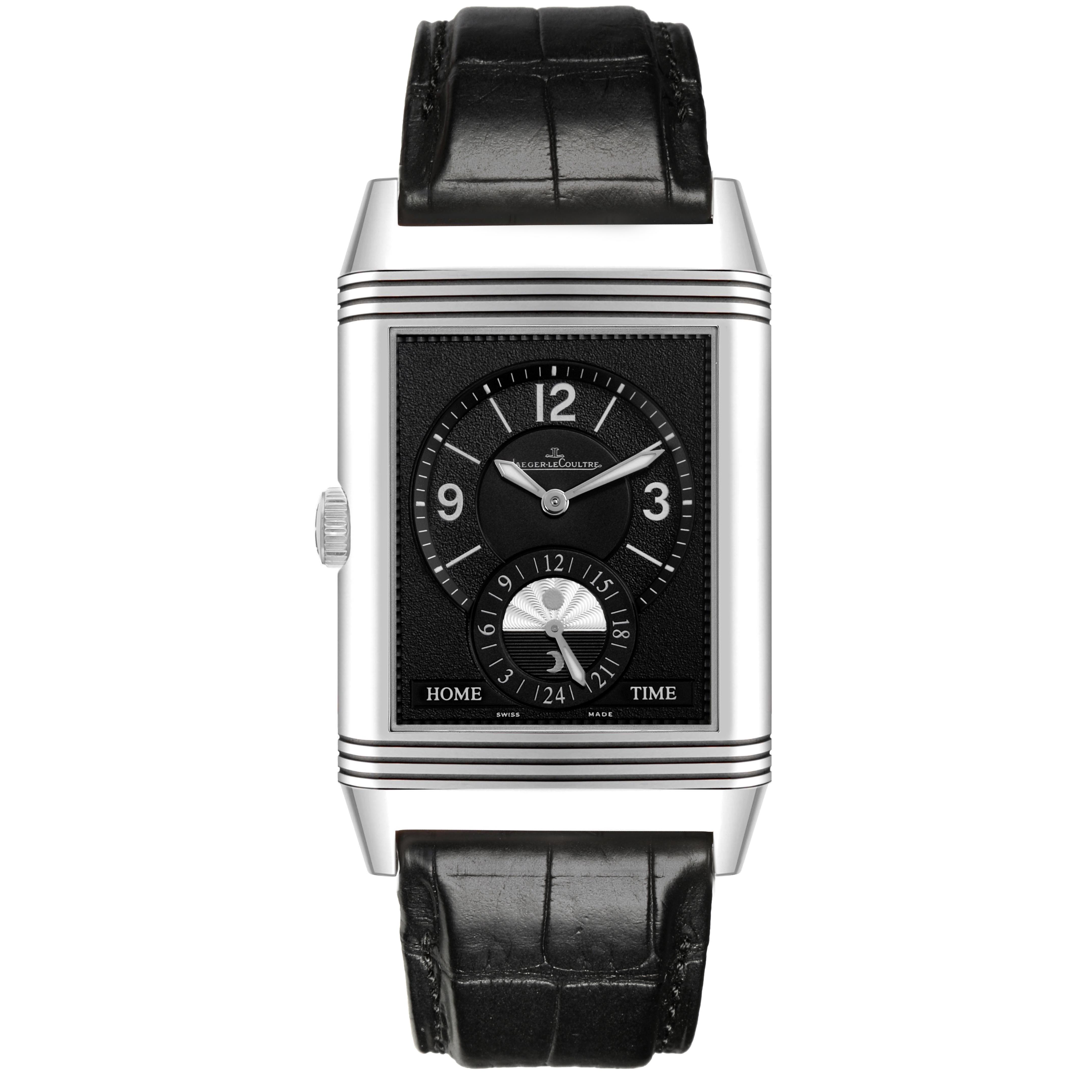 The Jaeger LeCoultre Reverso Q3748420 Men
s Stainless Steel Silver Dial Q3748420 Men
s Stainless Steel Silver Dial model is shown from the front, displaying the dial, case, crown, and black leather strap.