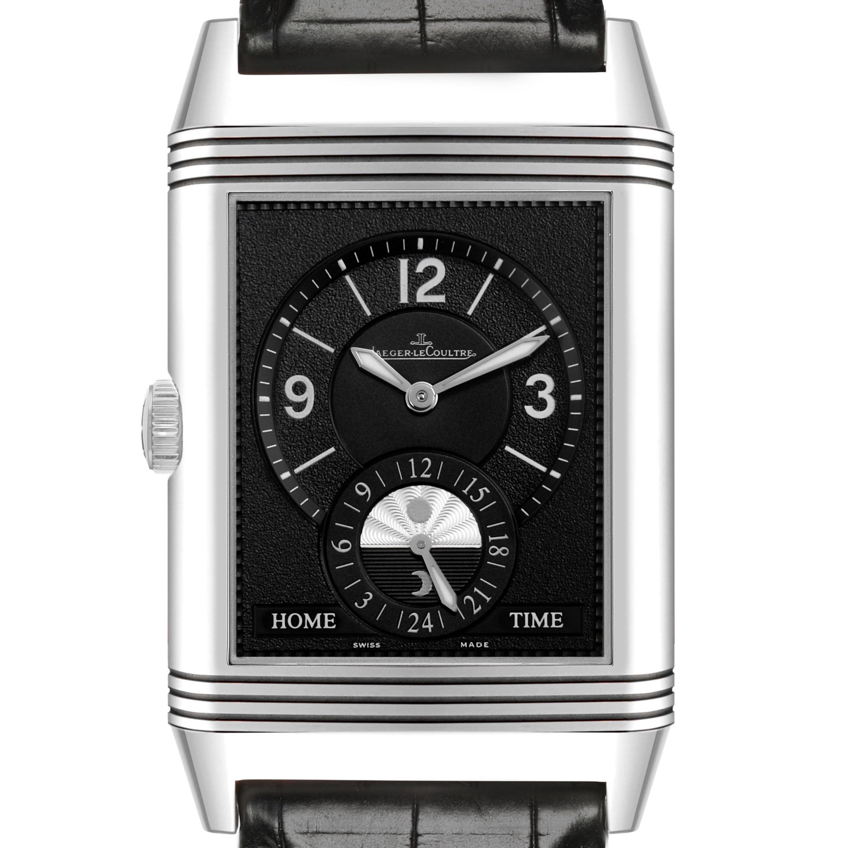 The image shows a front view of the Jaeger LeCoultre Reverso Q3748420 Men
s Stainless Steel Silver Dial Q3748420 Men
s Stainless Steel Silver Dial watch, highlighting its dial and strap.