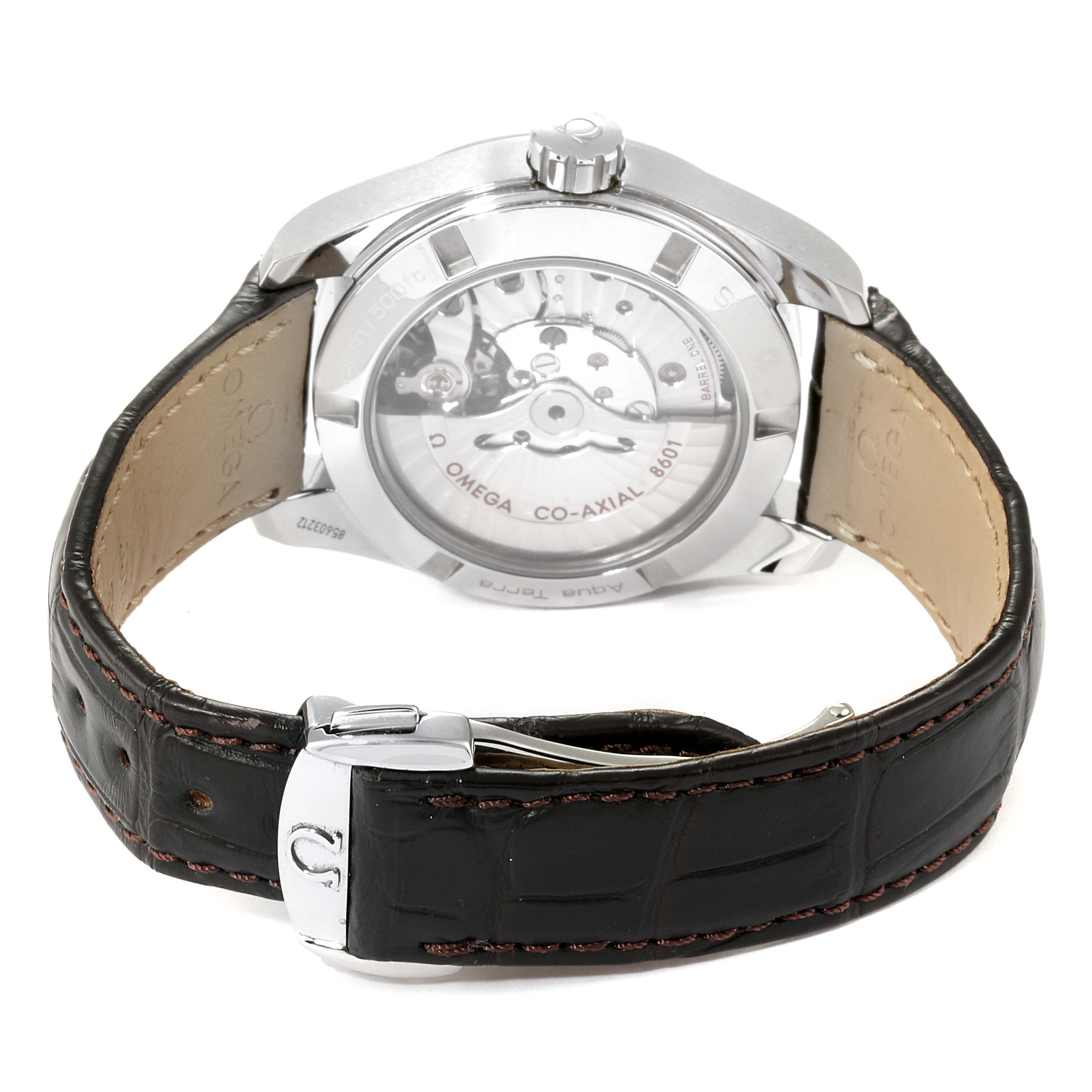 The image shows the back view of an Omega Aqua Terra 231.13.39.22.02.001 Men
s Stainless Steel Silver Dial 231.13.39.22.02.001 Men
s Stainless Steel Silver Dial watch, displaying its transparent case back and leather strap.