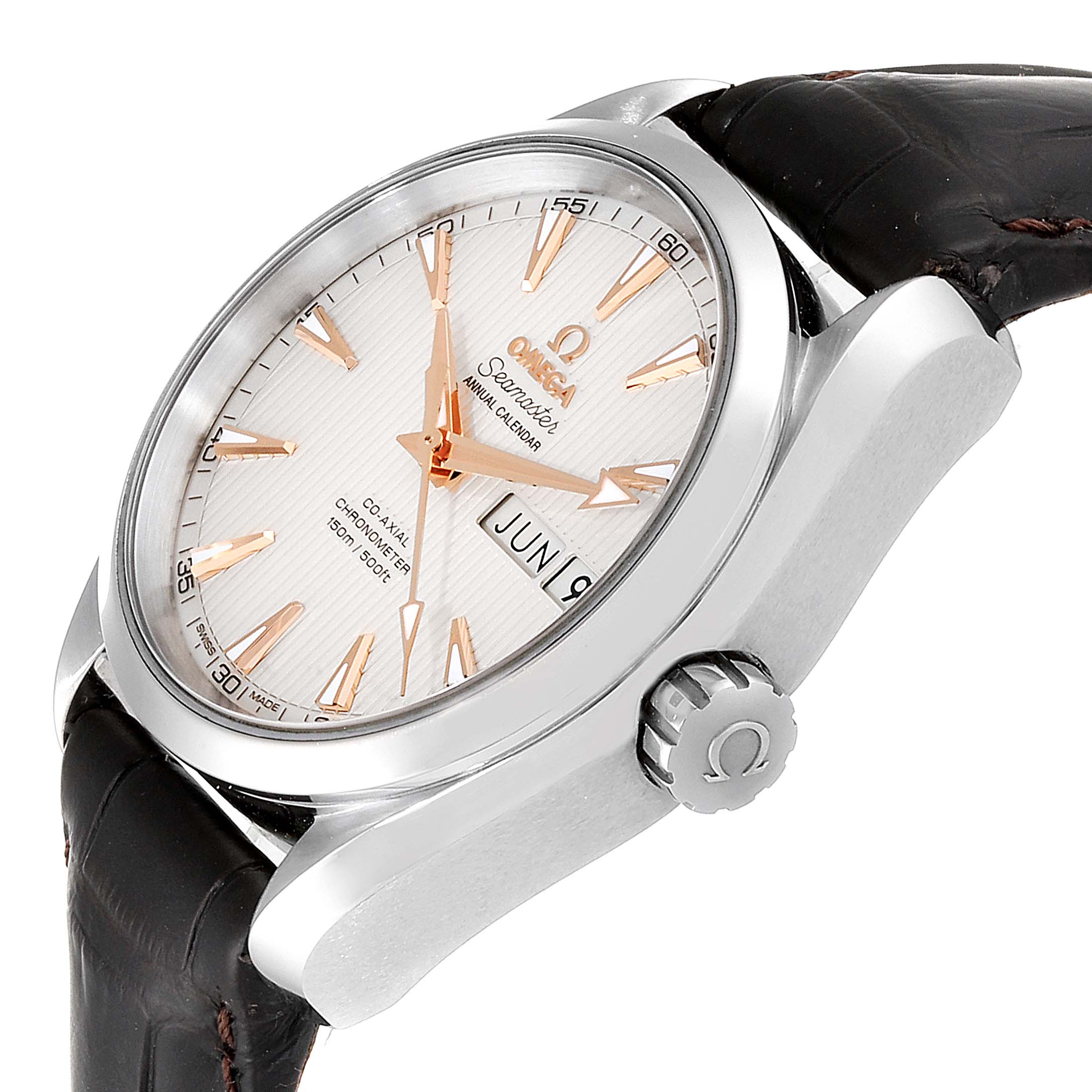 The image shows an angled side view of an Omega Aqua Terra 231.13.39.22.02.001 Men
s Stainless Steel Silver Dial 231.13.39.22.02.001 Men
s Stainless Steel Silver Dial watch, highlighting the dial, hands, crown, and part of the strap.