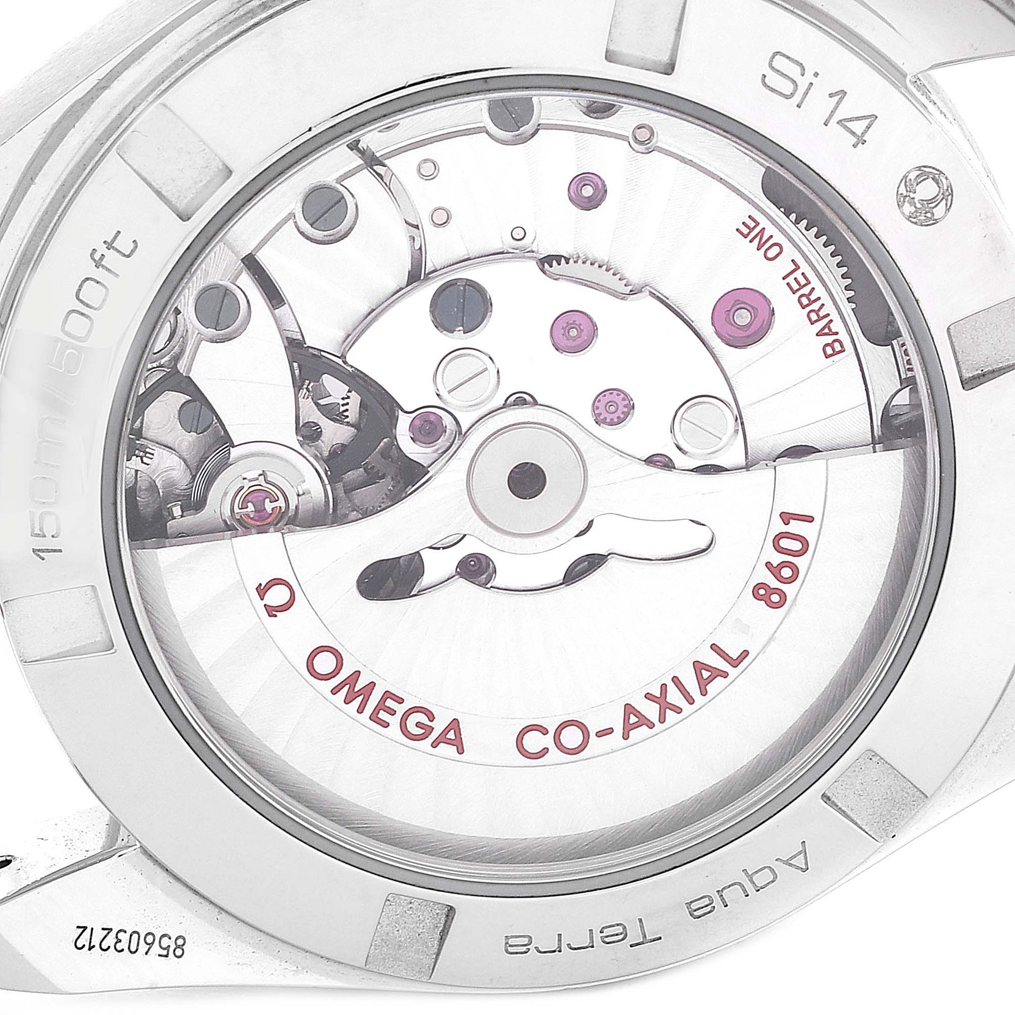 The image shows the open case back of the Omega Aqua Terra 231.13.39.22.02.001 Men
s Stainless Steel Silver Dial 231.13.39.22.02.001 Men
s Stainless Steel Silver Dial watch, revealing the Co-Axial 8601 movement.