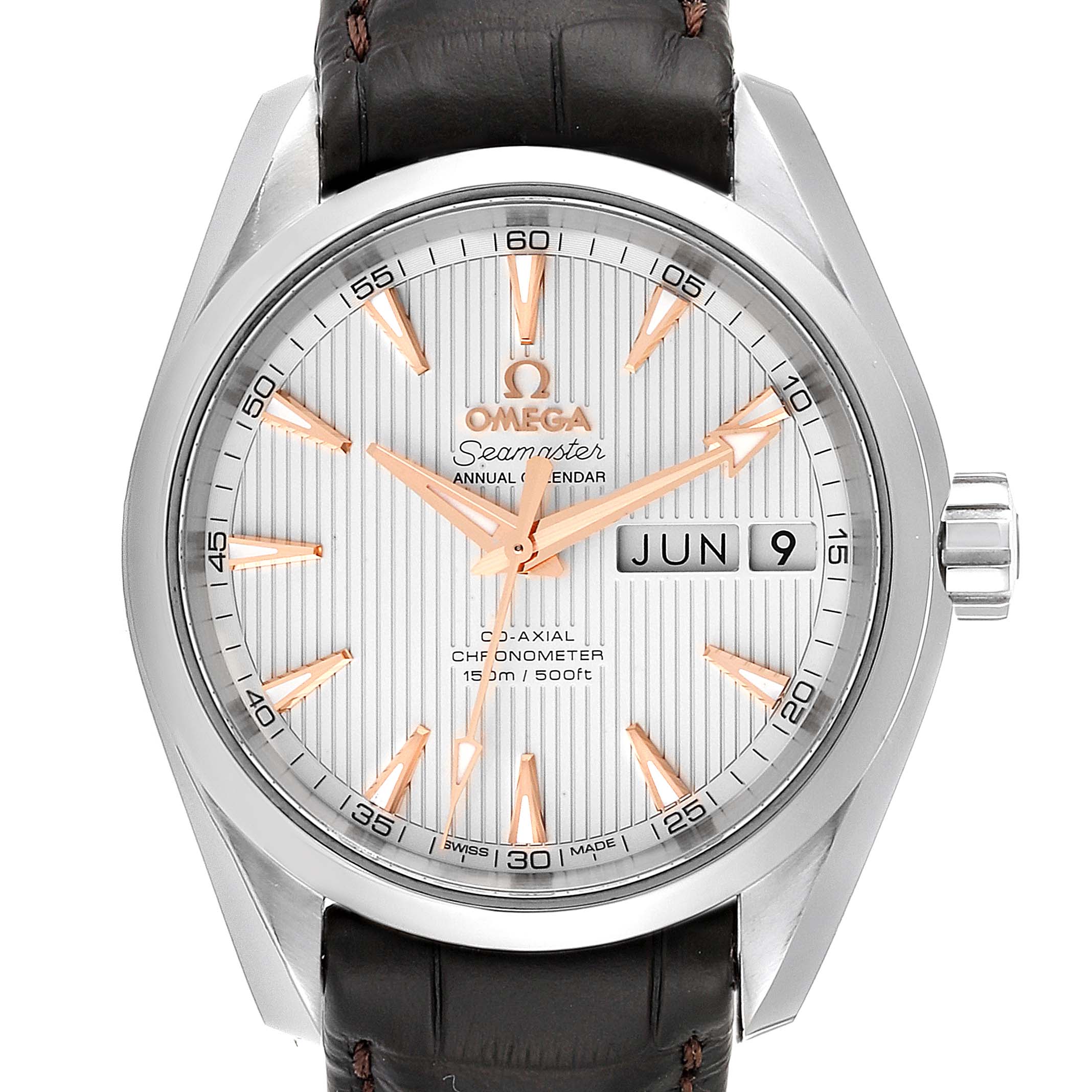 Front view of the Omega Aqua Terra 231.13.39.22.02.001 Men
s Stainless Steel Silver Dial 231.13.39.22.02.001 Men
s Stainless Steel Silver Dial watch, showing the dial, hands, date display, and part of the leather strap.