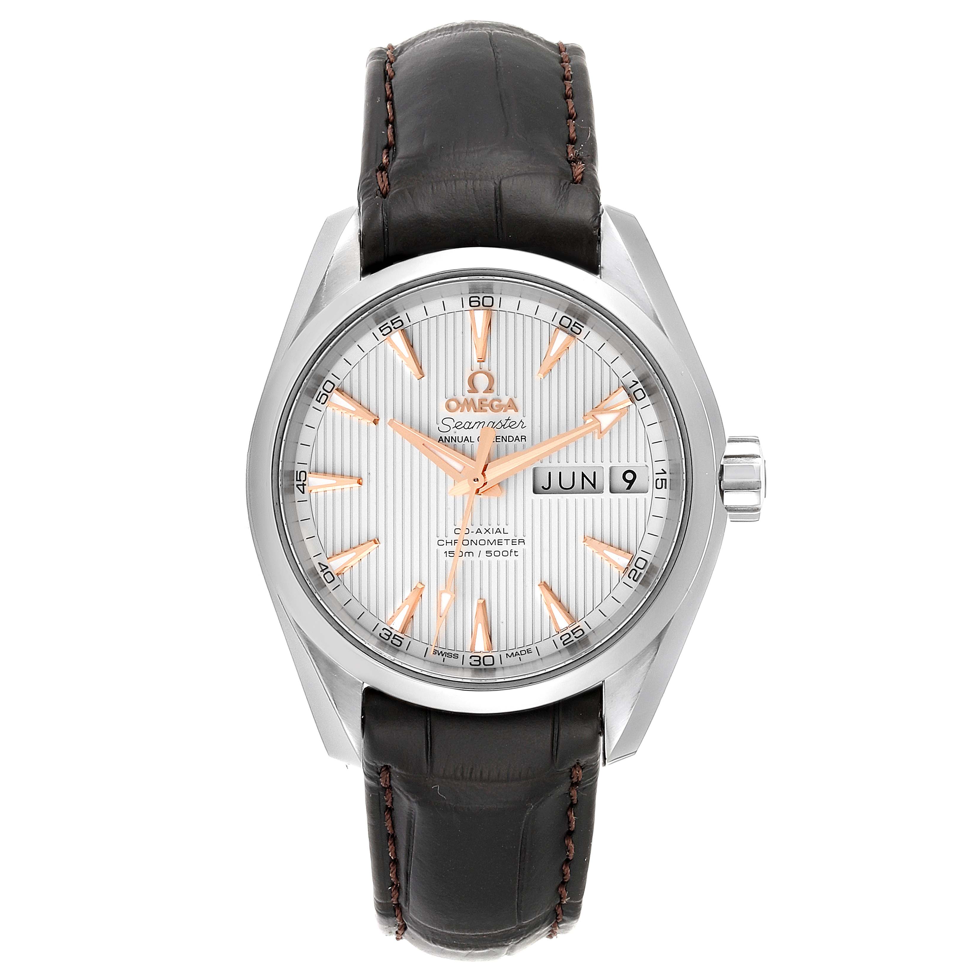 The Omega Aqua Terra 231.13.39.22.02.001 Men
s Stainless Steel Silver Dial 231.13.39.22.02.001 Men
s Stainless Steel Silver Dial watch is shown from a front angle, displaying the dial, date window, and leather strap.