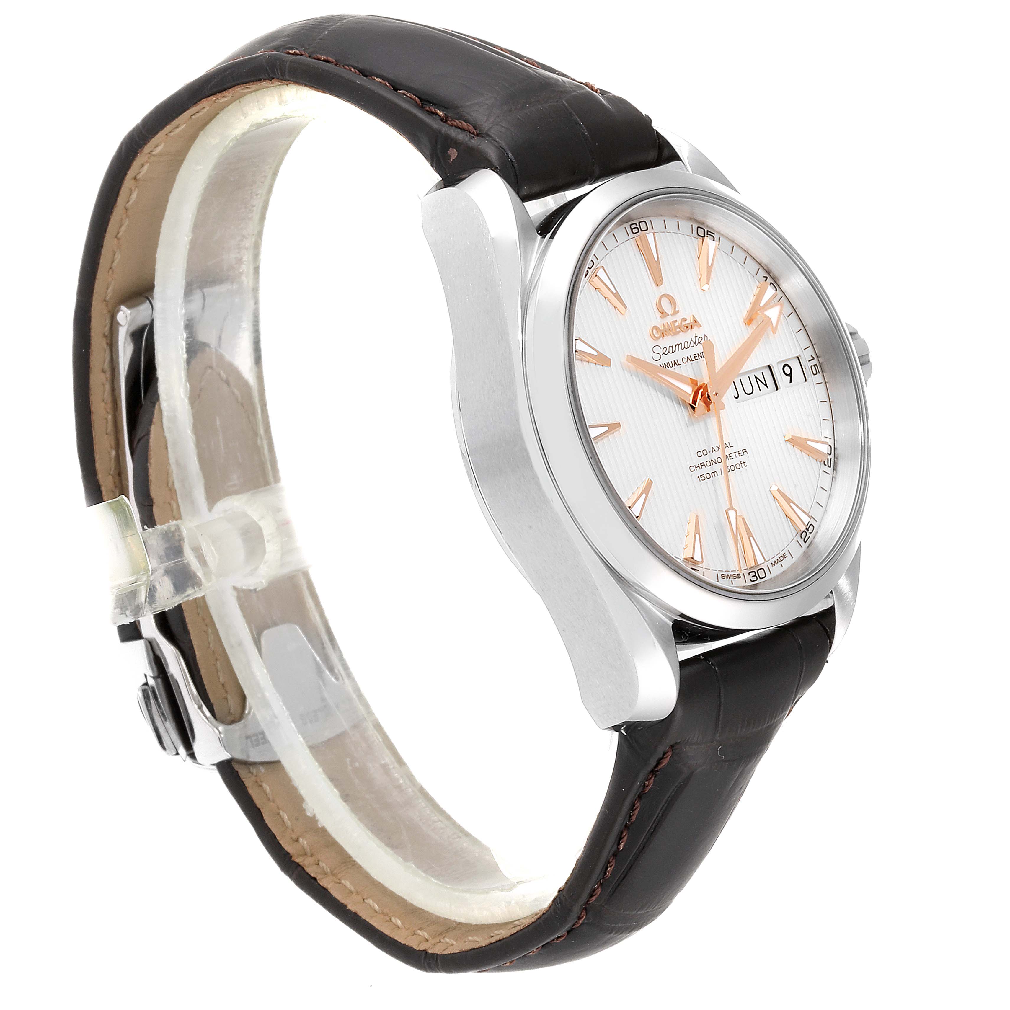 The image shows a side view of the Omega Aqua Terra 231.13.39.22.02.001 Men
s Stainless Steel Silver Dial 231.13.39.22.02.001 Men
s Stainless Steel Silver Dial watch, highlighting its face, bezel, crown, and leather strap.