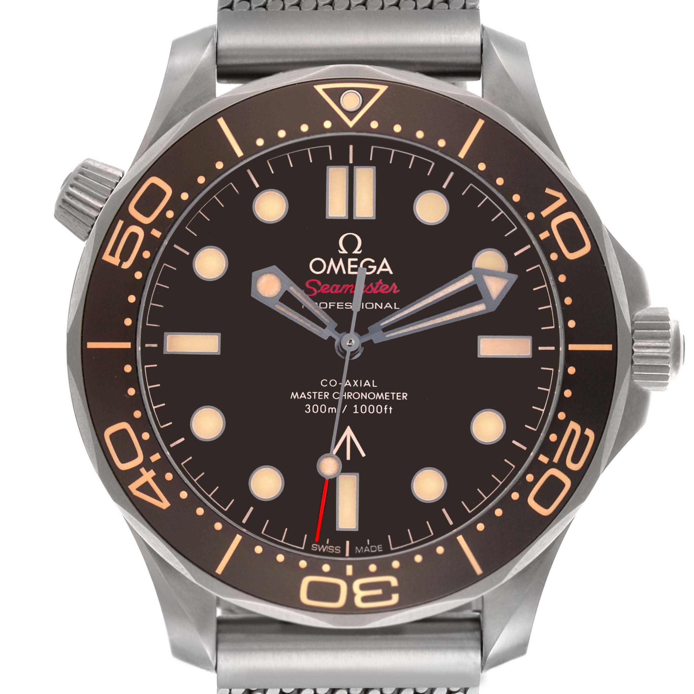 The Omega Seamaster 210.90.42.20.01.001 Men
s Titanium Brown Dial 210.90.42.20.01.001 Men
s Titanium Brown Dial watch is shown from a front angle, highlighting the dial, bezel, and crown.